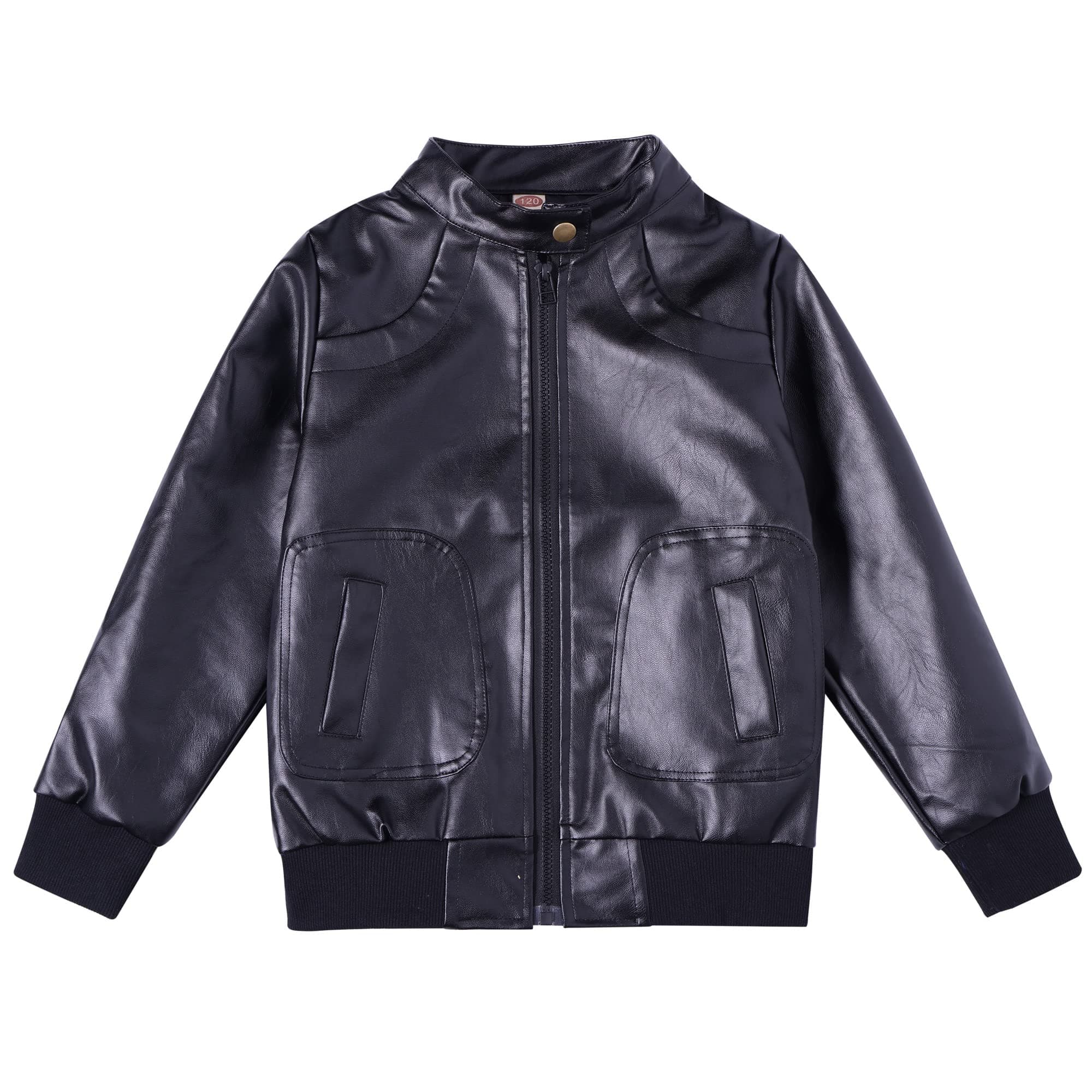 Boys Trendy Stand Collar PU Leather Moto Jacket - Winter Warm Lined Coat with Zipper Closure for Kids (Age 3-12)