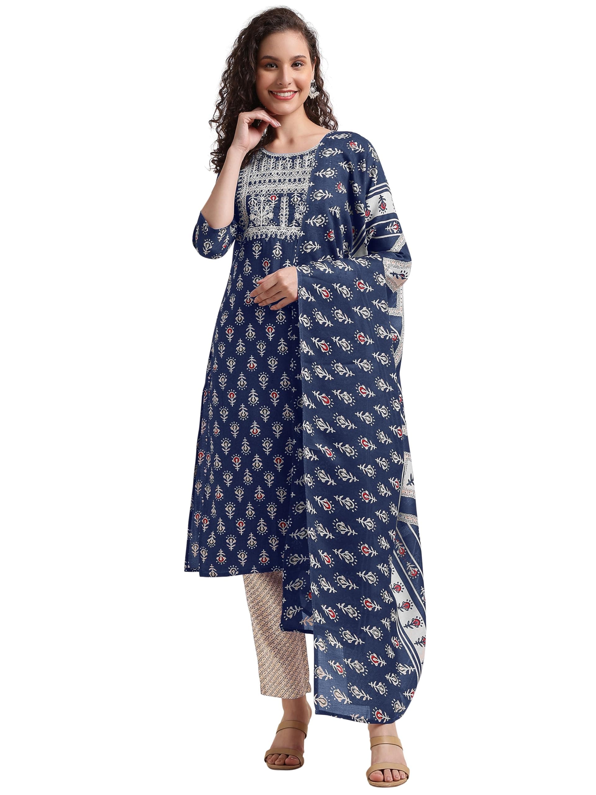 MIRCHI FASHION Women's Designer Straight Fit Cotton Printed and Embellished Kurta Set with Trouser Pant and Dupatta