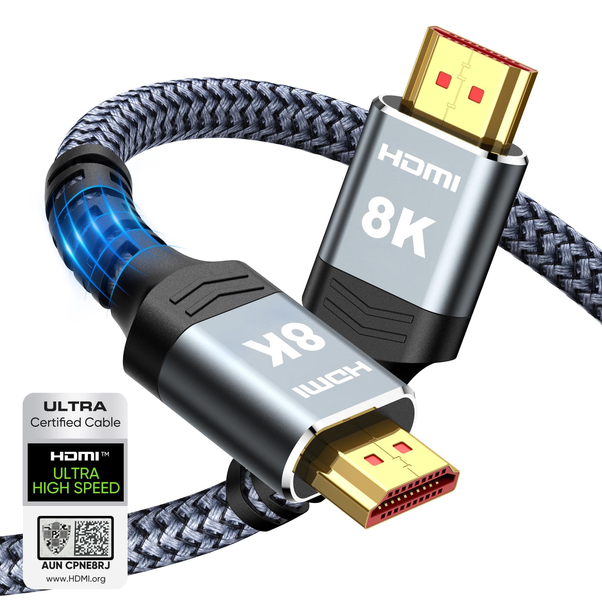 Highwings 8K HDMI Cable 2.1 48Gbps 6.6FT/2M, High Speed HDMI Braided Cord-4K@120Hz 8K@60Hz, DTS:X, HDCP 2.2 & 2.3, HDR 10 Compatible with Roku TV/PS5/HDTV/Blu-ray