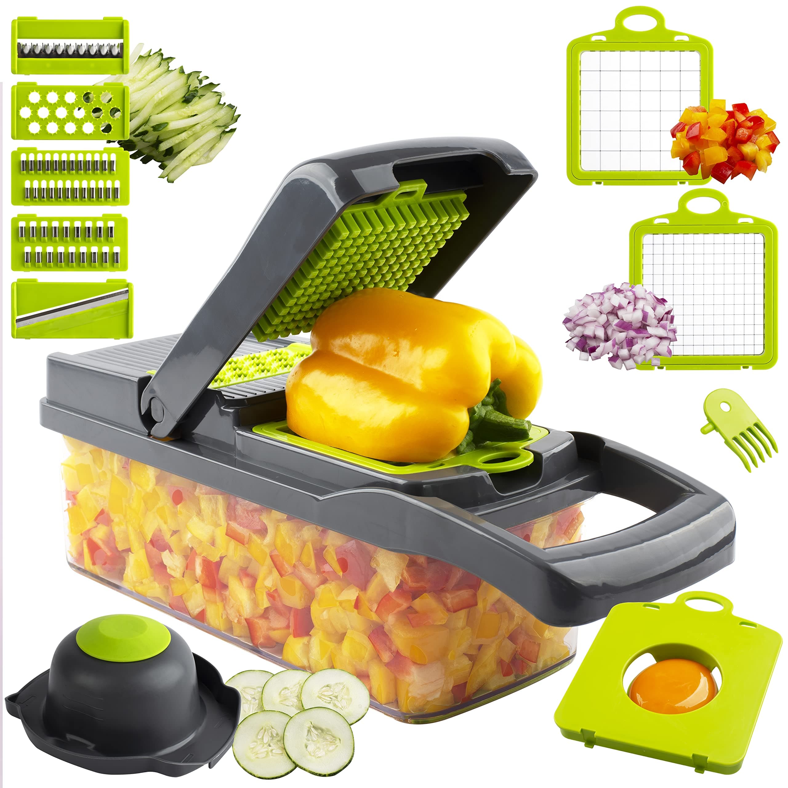 Max K Vegetable Chopper - 7 Interchangeable 420-Grade Stainless Steel Blades - Non-Slip Handles & Rubber Base - Kitchen Gadgets & Accessories for Food Prep, Chopping, Slicing, Dicing - Green & Grey