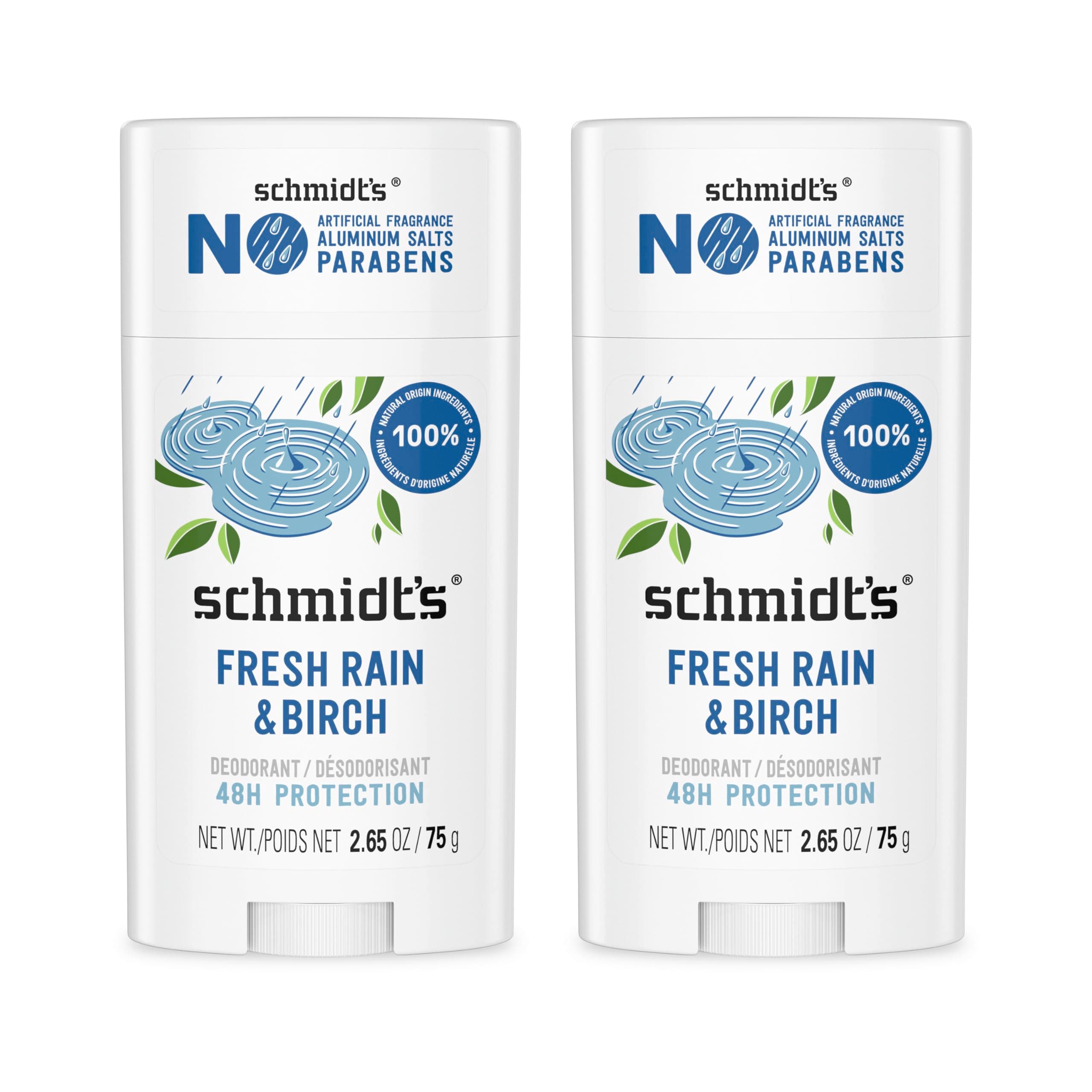 Schmidt's 100% Natural Origin Ingredient Deodorant Stick Fresh Rain & Birch 2 Count for 24-Hour Odor Protection 2.65 oz