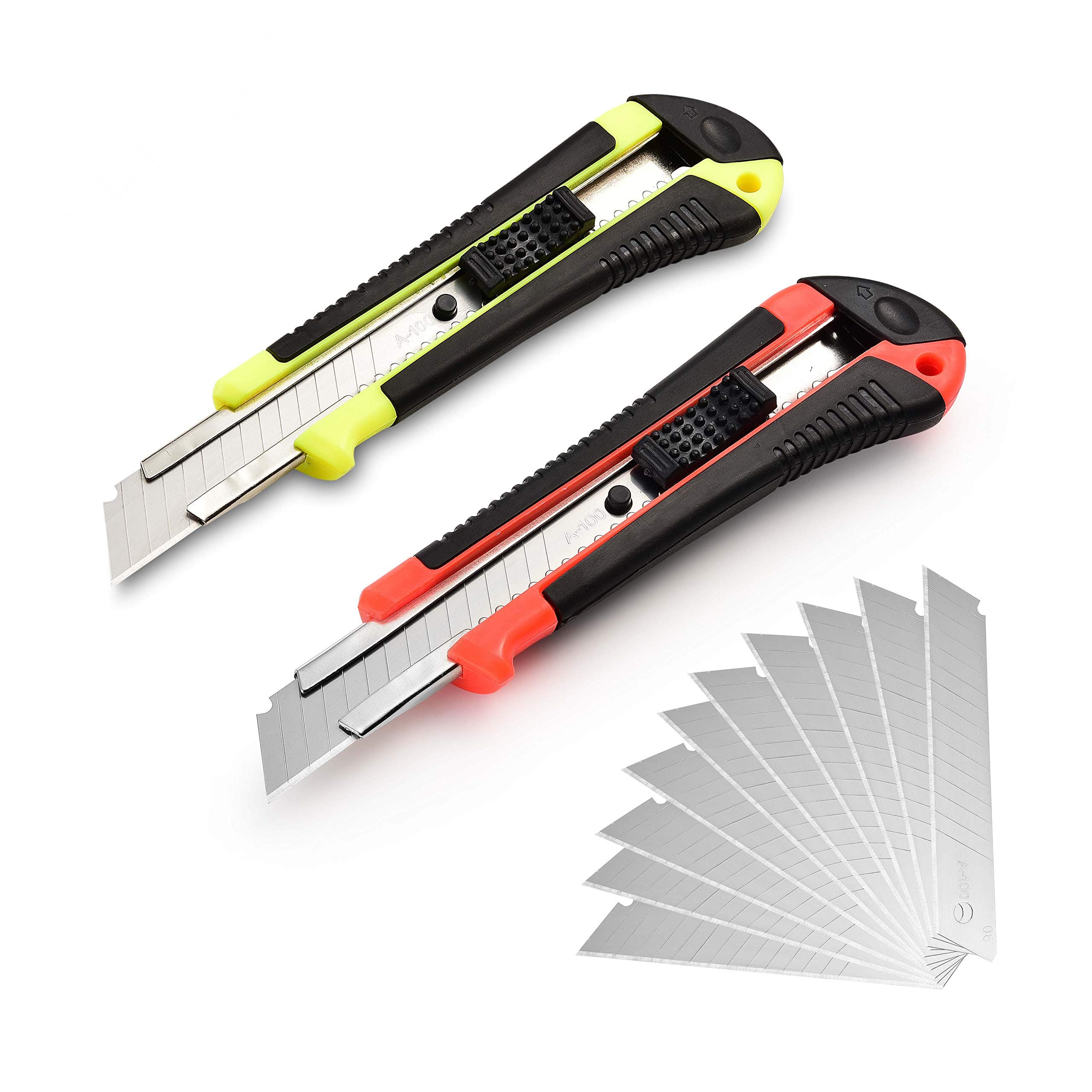 Retractable Utility Knife, Box Cutter, 12 Blades, Premium Rubbered Handle, Wide Razor, Smooth Mechanism, Office and Home use, for Cartons/Rope/Cable Ties/Handcraft, Random Color, by Lambery