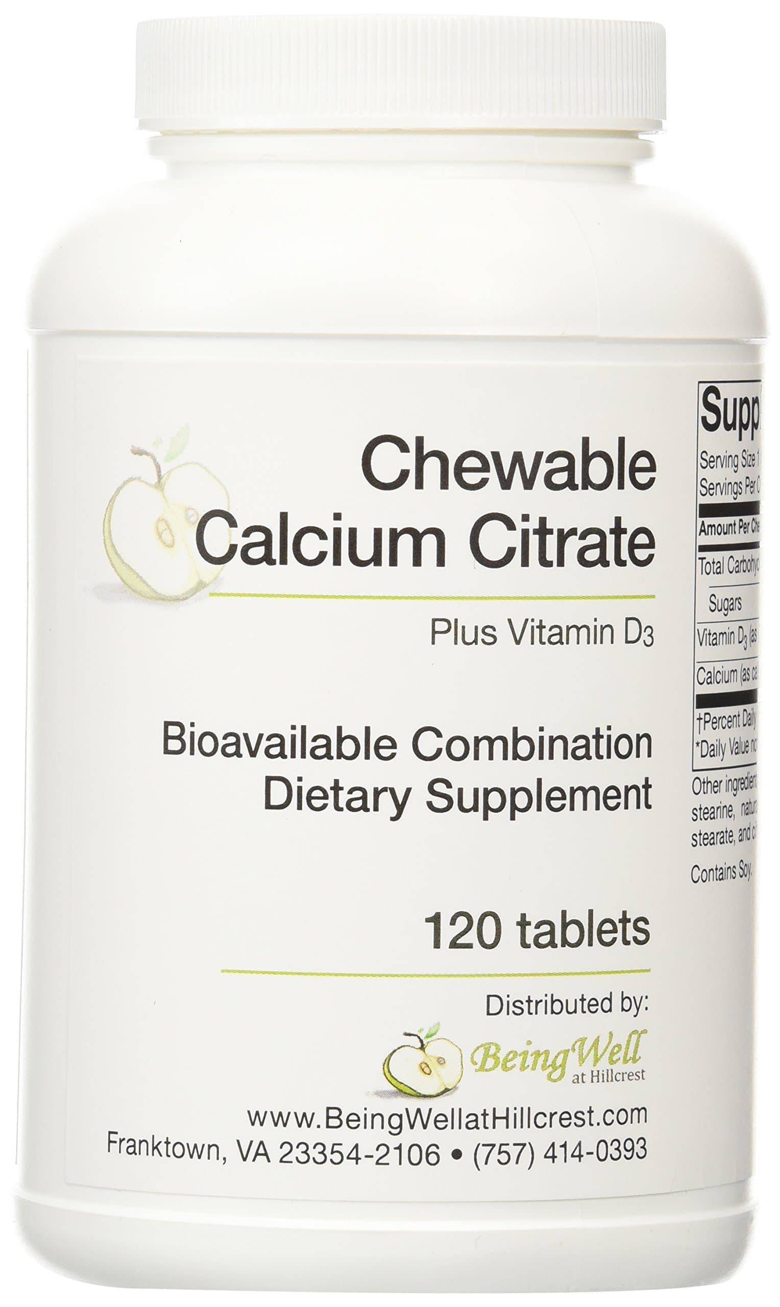 Chewable Calcium Citrate Plus Vitamin D3 Bioavailable Combination Dietary Supplement 120 Tablet