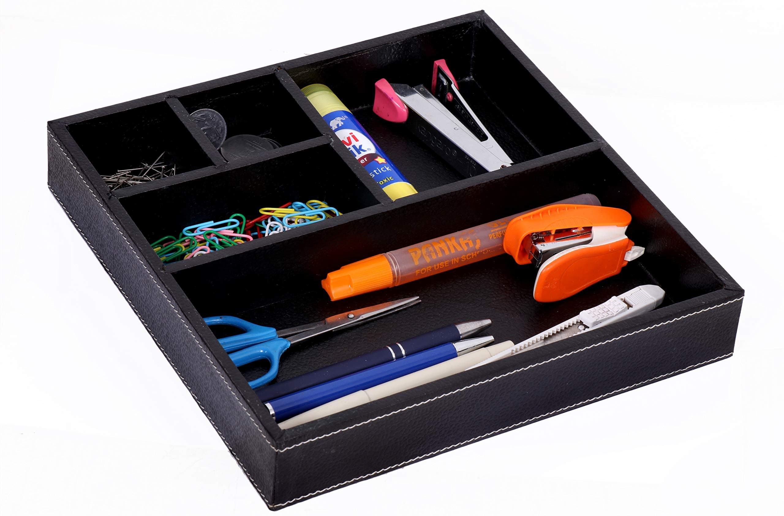 SAVROS Desk Organizer 5 Compartment | Office Stationery | Handcrafted | Tray Drawer Organizer | Table Organizer | Medium Size (Black)
