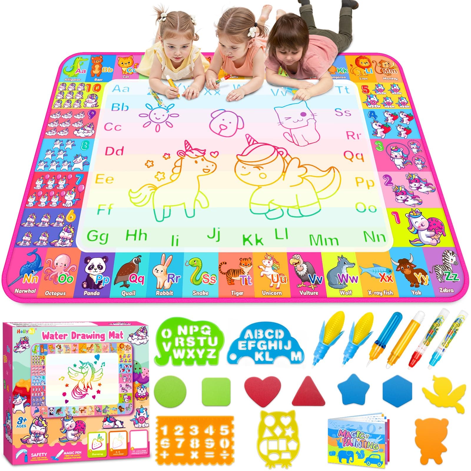 Hollyhi Water Drawing Mat,Kids Toddlers Writing Painting Toy Board Educational Toys for Age 3 4 5 6 7 8 Year Old Boys Girls,Neon Color Writing Drawing Mat Best Holiday Christmas Birthday Gifts Toys