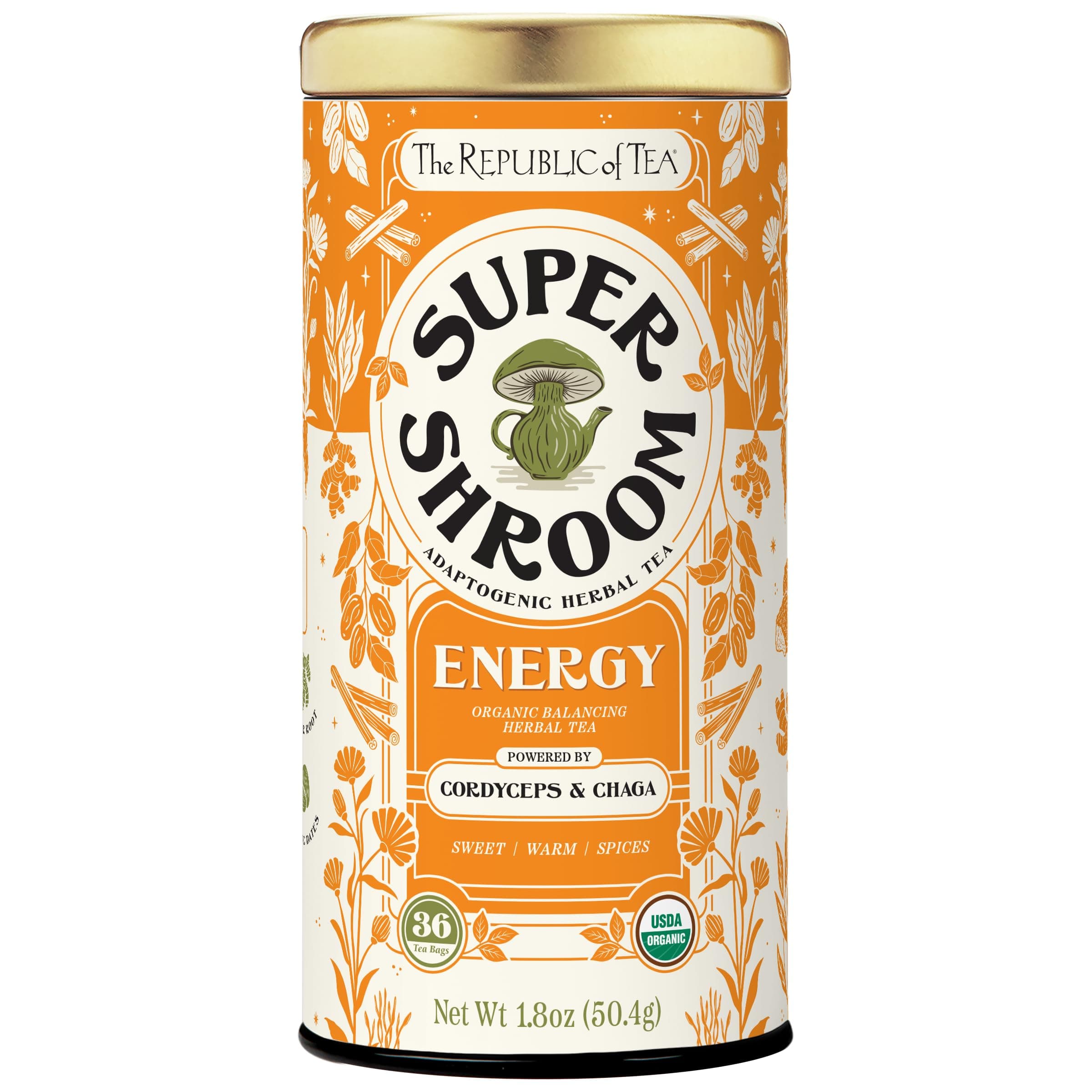 SuperShroom Energy Cordyceps and Chaga Herbal Tea, Organic Cinnamon, Ginger and Chicory Blend, Caffeine Free, Unbleached Tea Bags in Reusable Tin, 36 Count