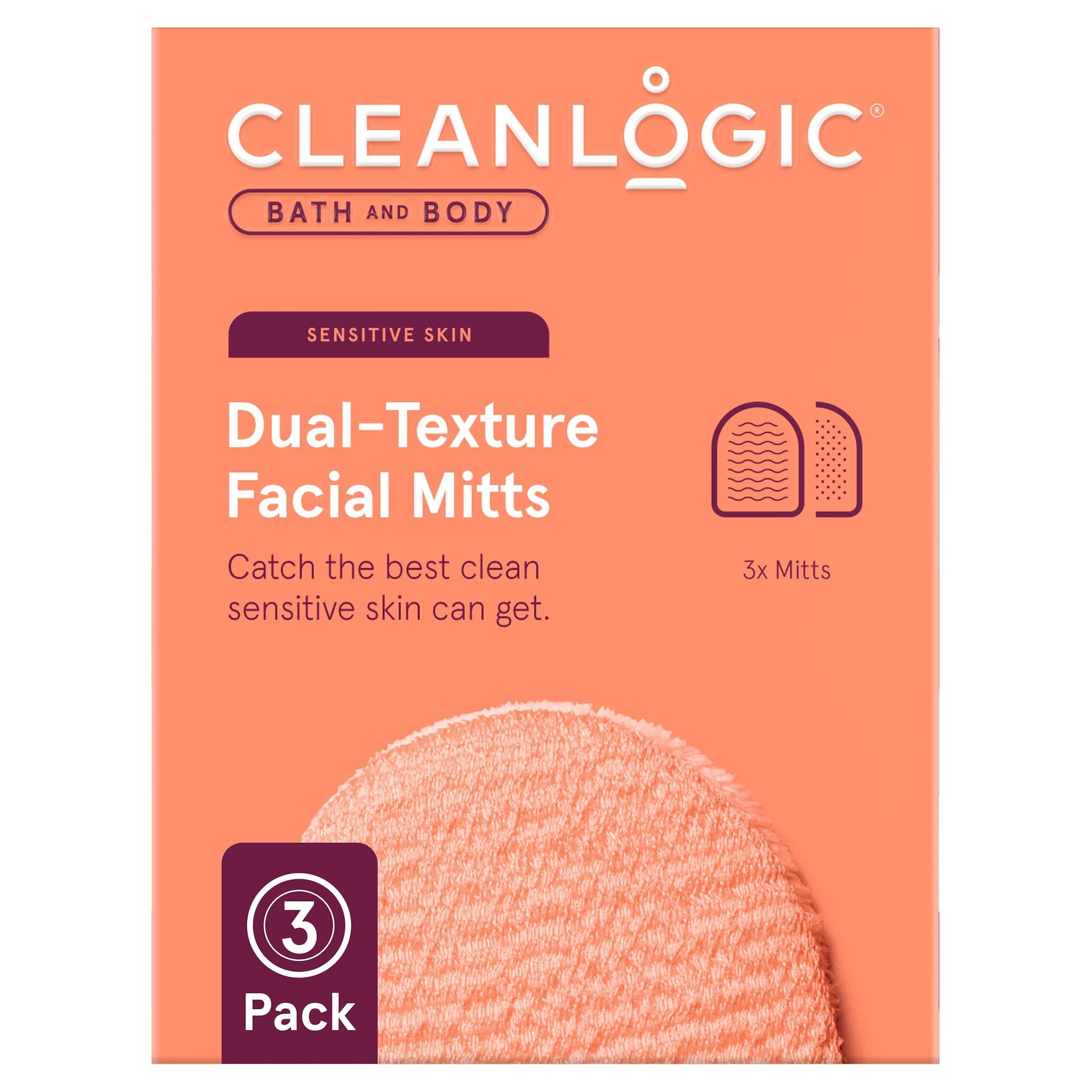 CleanlogicBath and Body Exfoliating Dual Texture Facial Mitts, Exfoliating Face Mitts fo Remove Makeup, Helps Soften Skin, Reusable Double Sided Face Exfoliator Mitts, For Sensitive Skin, Pack of 3
