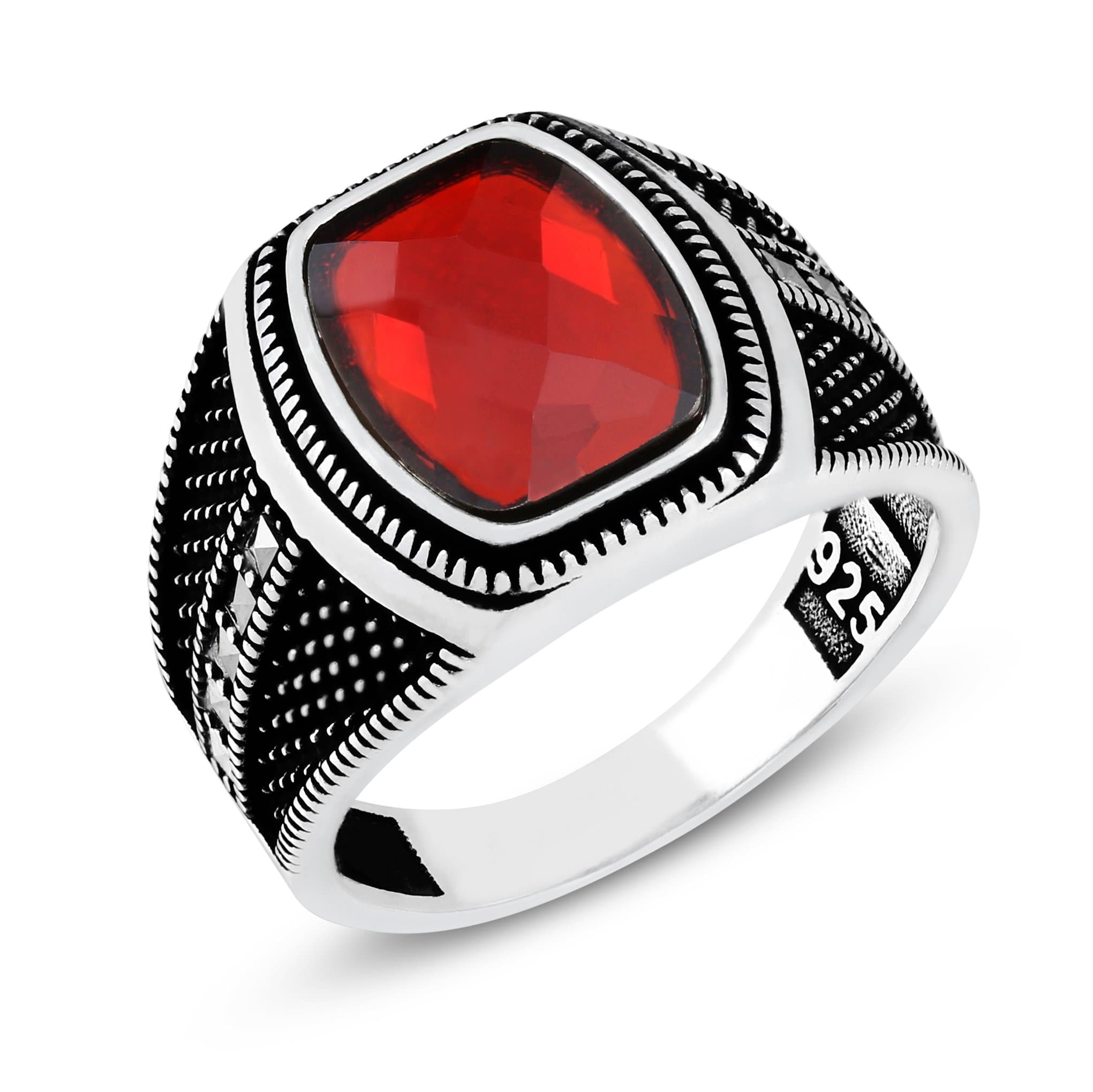 chimoda Mens Rings in 925 Sterling Silver Handmade Ring with Red Cubic Zirconia and Marcasite