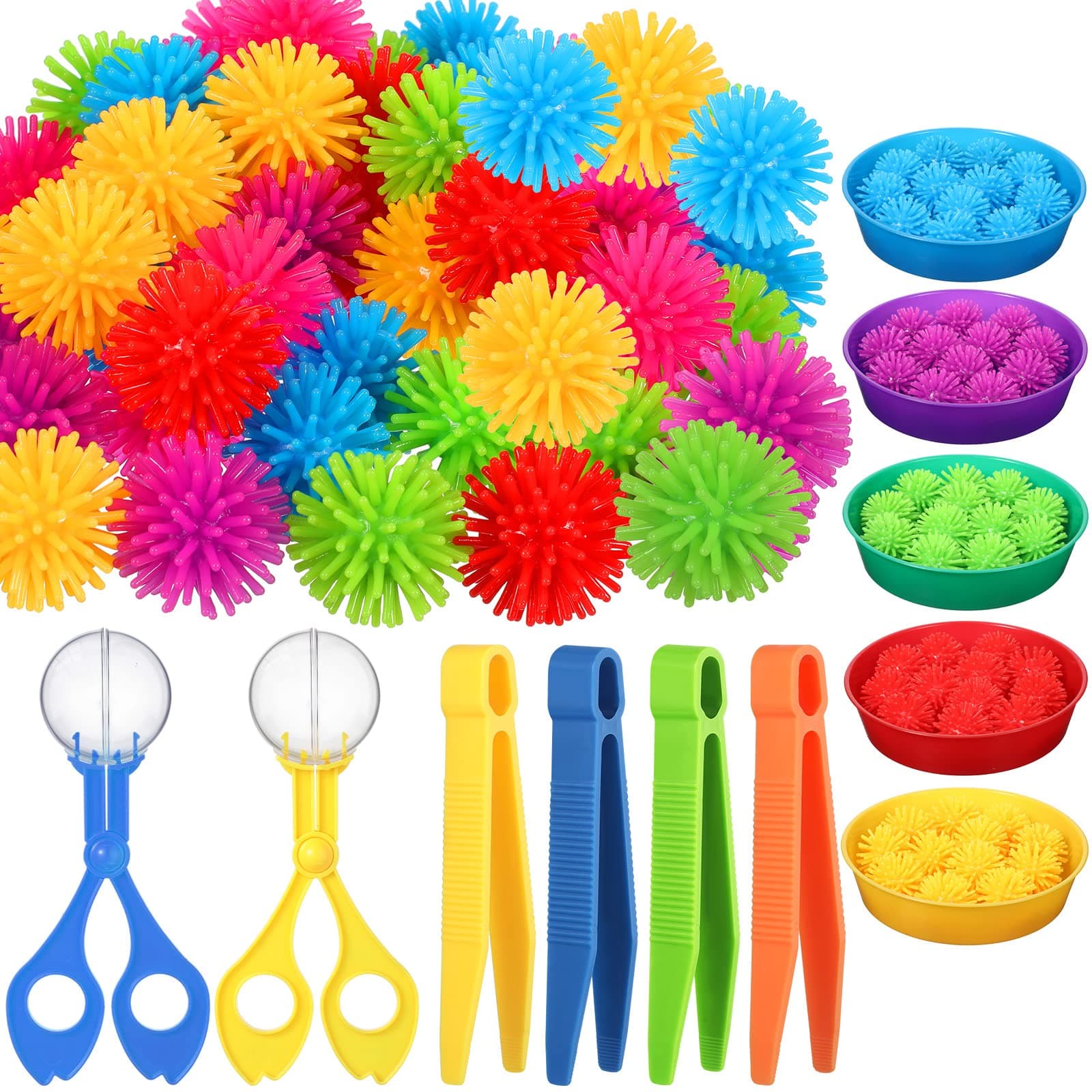 Leitee 71 Pcs Sensory Bin Filler Include 60 Hedge Balls 4 Tweezers 2 Scissors Clips 5 Cups Fine Motor Skills Toys Set for Boys Girls Early Education and Counting Sorting Training(Blue,Classic)