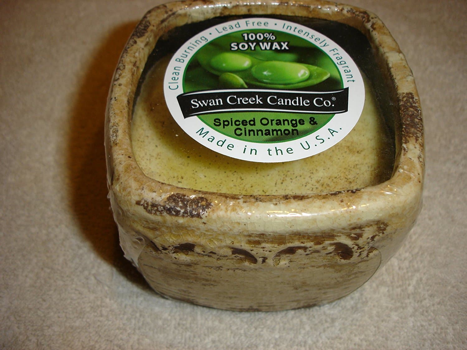 Swan Creek 9 Oz. 100% Soy Wax 45+ Hour Candle in Square Pottery "Thai Pear"