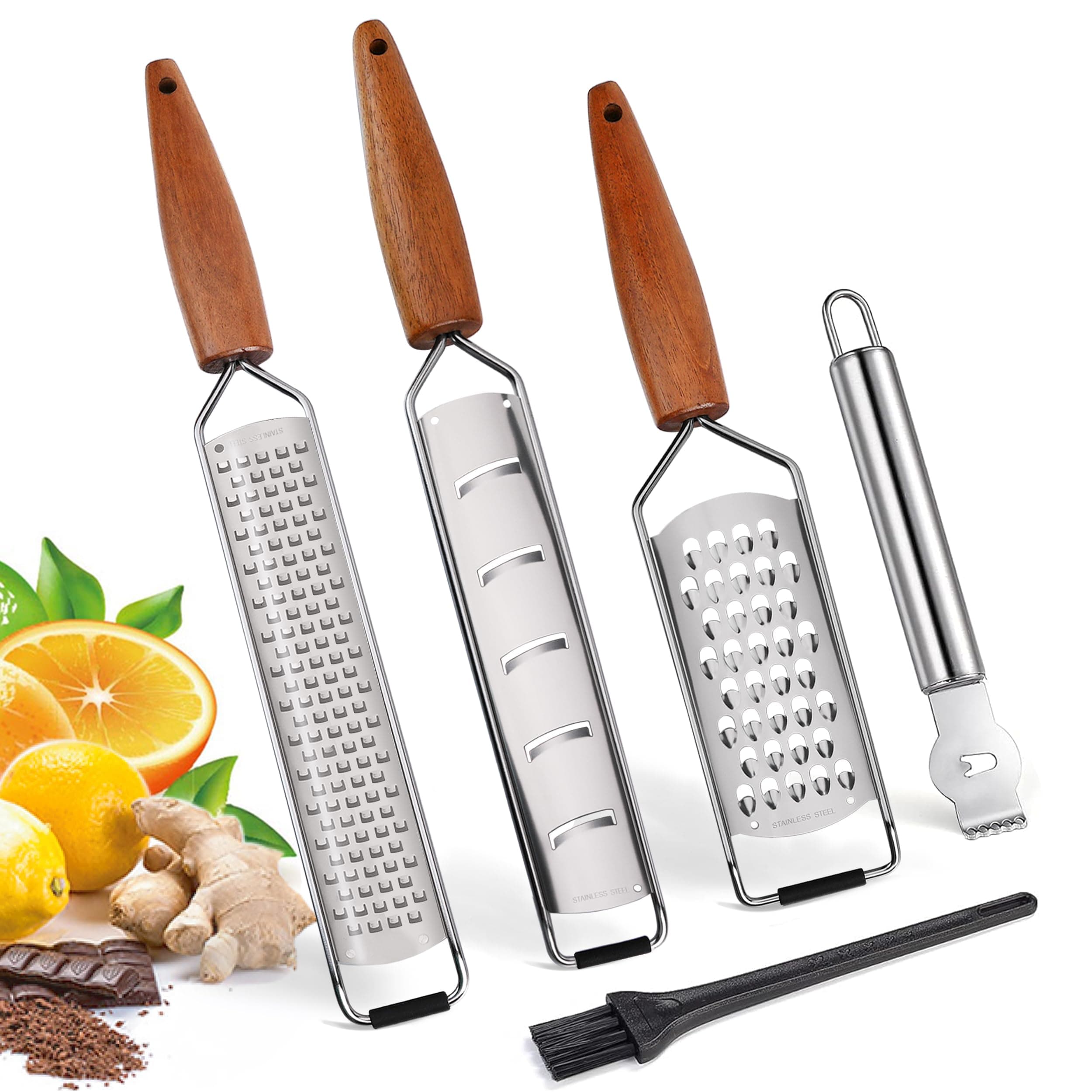 ALLWIN-HOUSEWARE W Cheese Grater Zester Set of 5, 304 Stainless Steel with Acacia Wood Handle Kitchen Grater & Peeler & Slicer for Cheese, Lemon, Ginger, Garlic, Nutmeg, Fruits, Vegetables, Chocolate