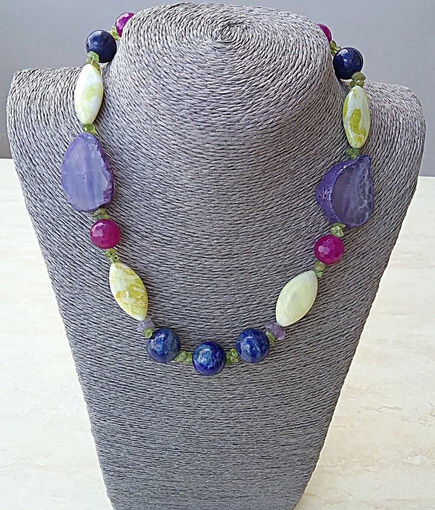 Purple agate, created ruby, lapis lazuli and lemon jade necklace