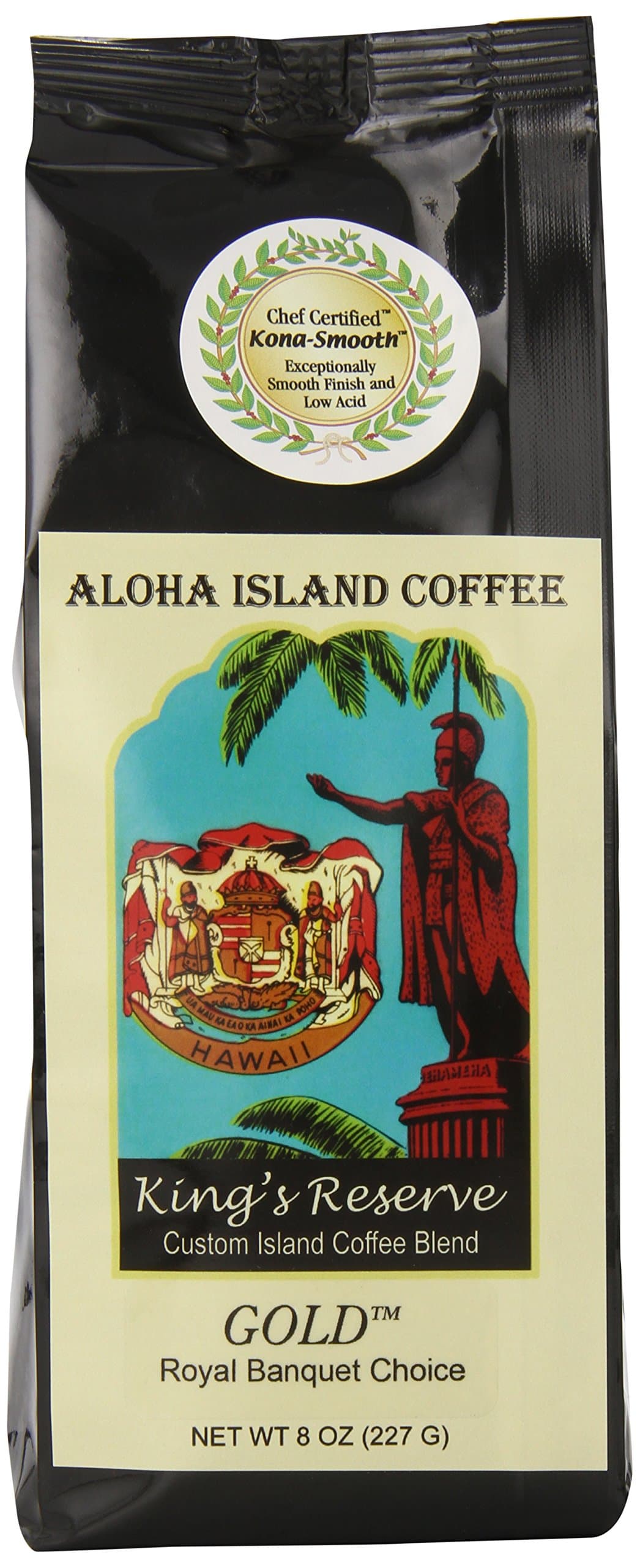 Aloha Island CoffeeGOLD King Reserve Kona Hawaiian Coffee Blend, Medium Roast, 8 Oz Ground, 8-ounces