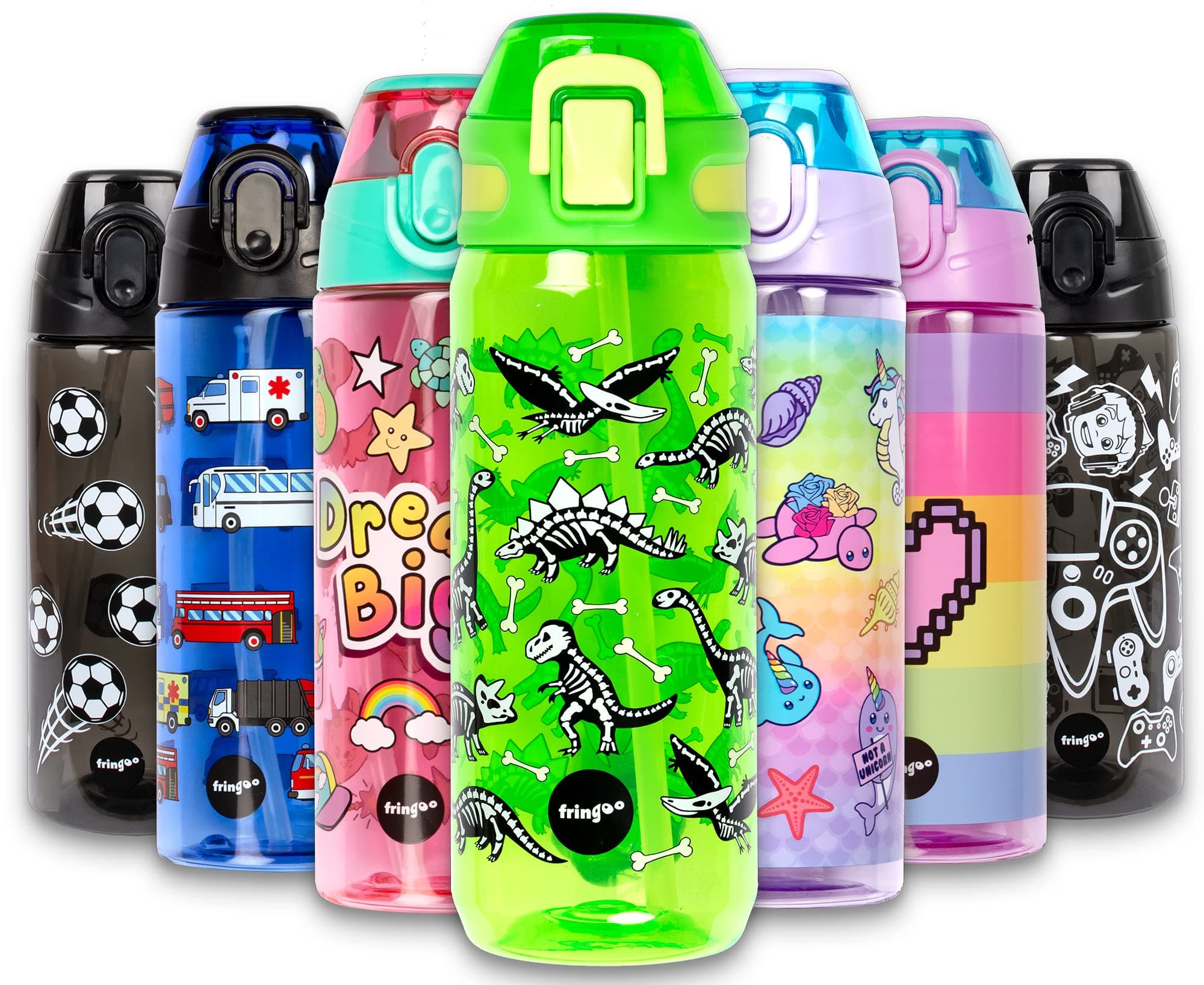 – 600ml Kids Water Bottle with Straw & Fliptop Lock - 100% Leakproof - BPA Free 600ml Kids Water Bottle for School - Dinosaur Lunch