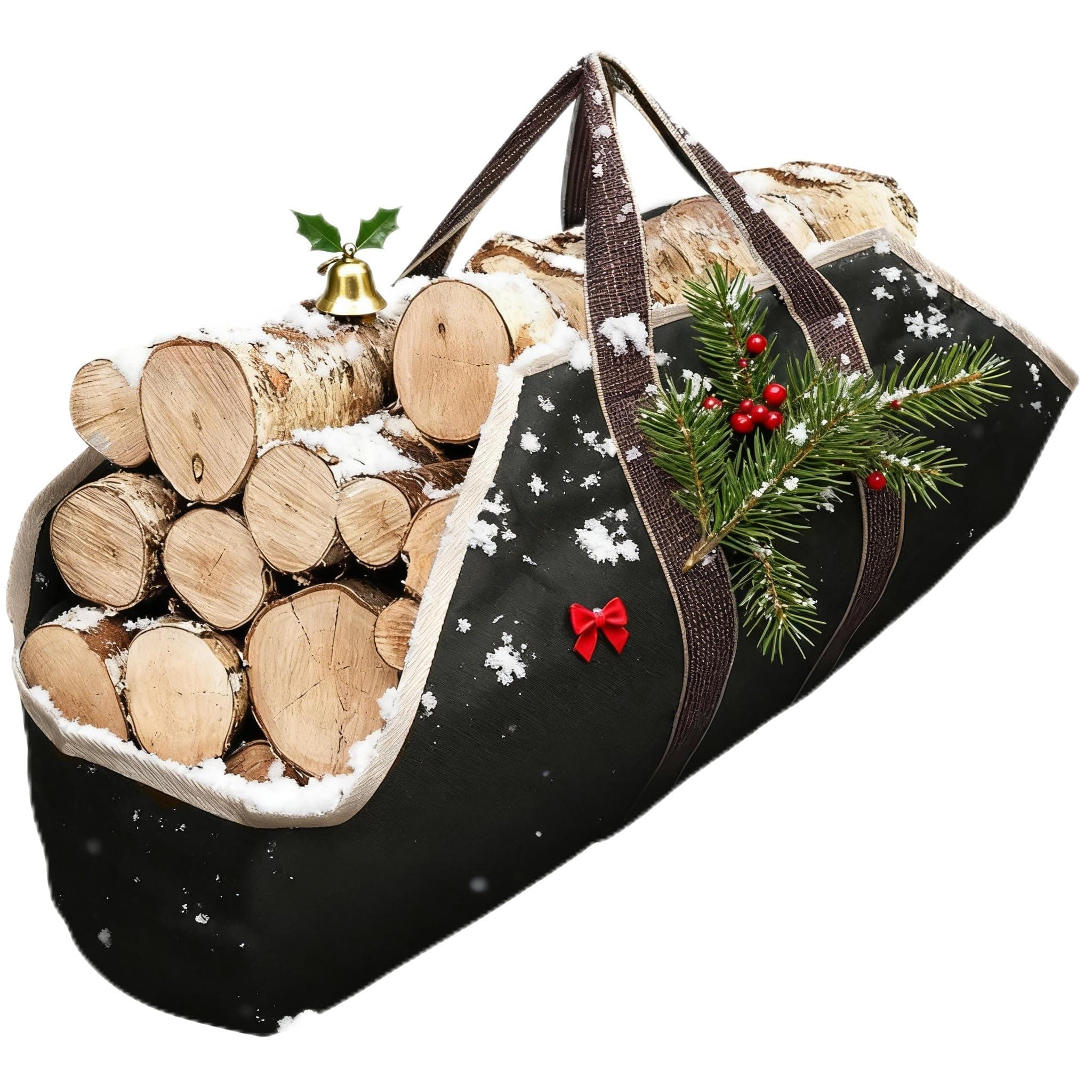 Large Canvas Log Tote Bag Carrier Indoor Fireplace Firewood Totes Holders Round Woodpile Rack Fire Wood Carriers Carrying for Outdoor Tubular Birchwood Stand by Hearth Stove Tools Set Basket