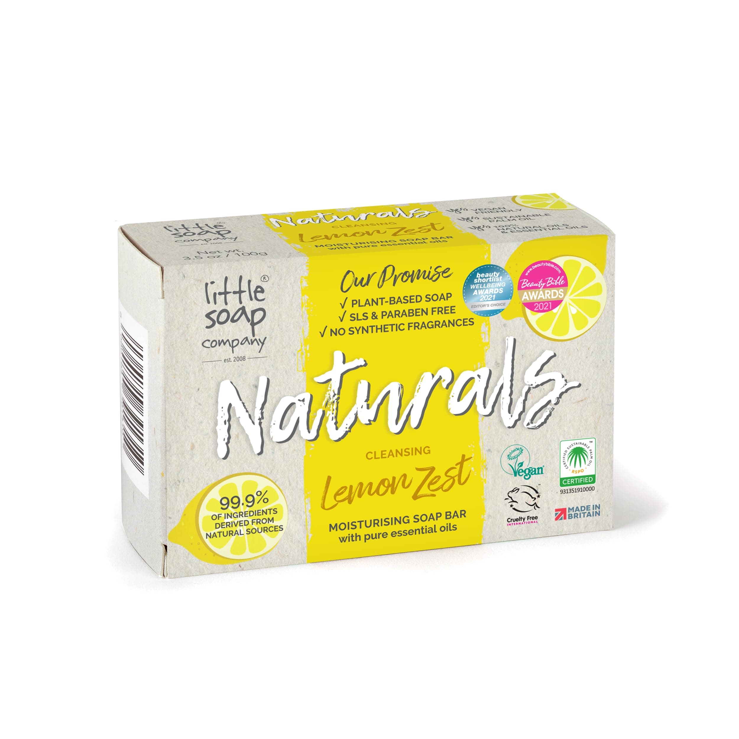 Little Soap Company Naturals Range - Bar Soap | Vegan, Cruelty Free, No SLS or Parabens, Refreshing Cleansing Soap bar, Natural Eco Friendly Body & Hand Soap, 100g (Lemon Zest)