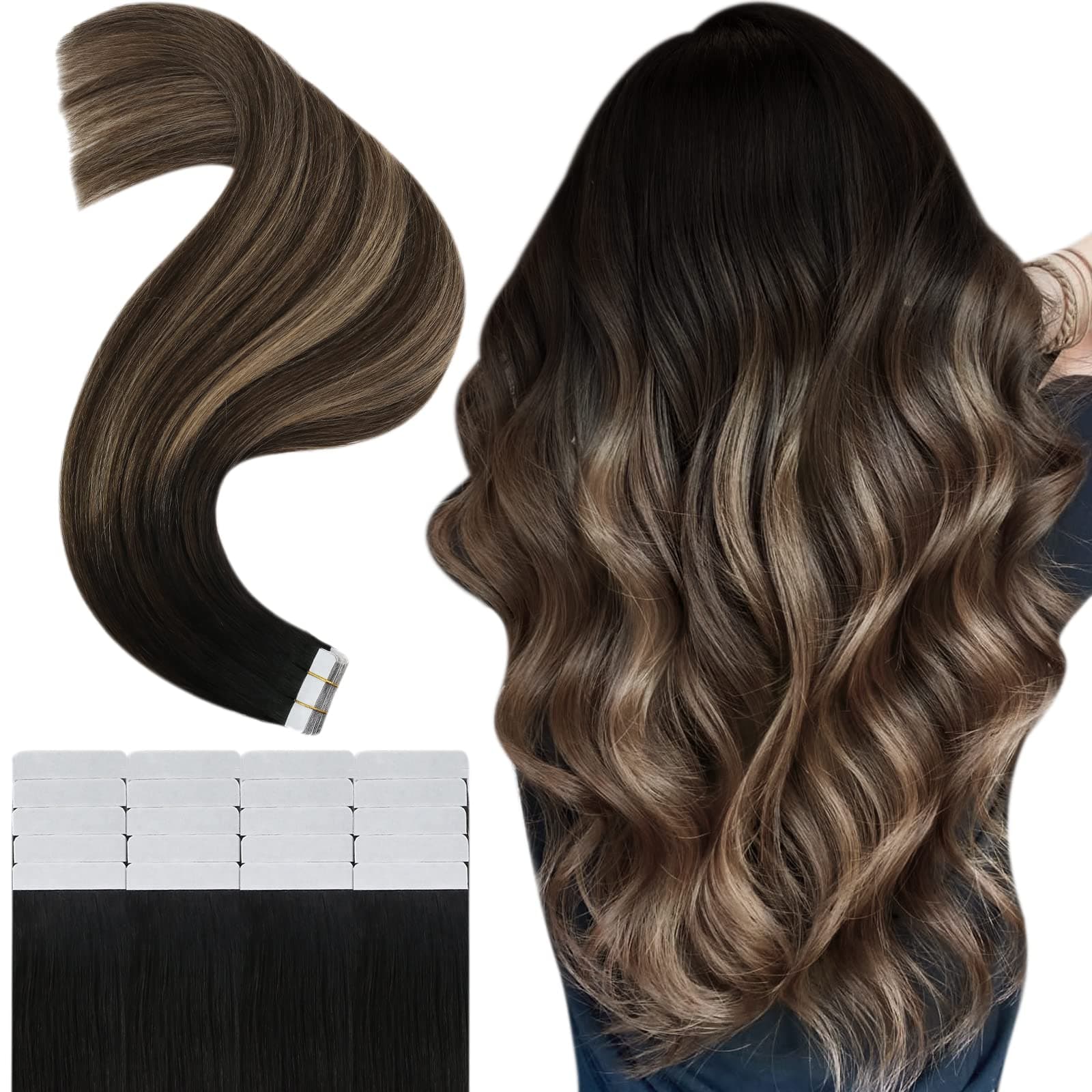 Tape in Human Hair Extensions Ombre Tape Extensions Ombre Off Black Balayage Dark Brown with Caramel Seamless Tape in Hair Extensions for Women Ombre Tape on Hair Ombre Black 22Inch 50 Gram 20Pcs