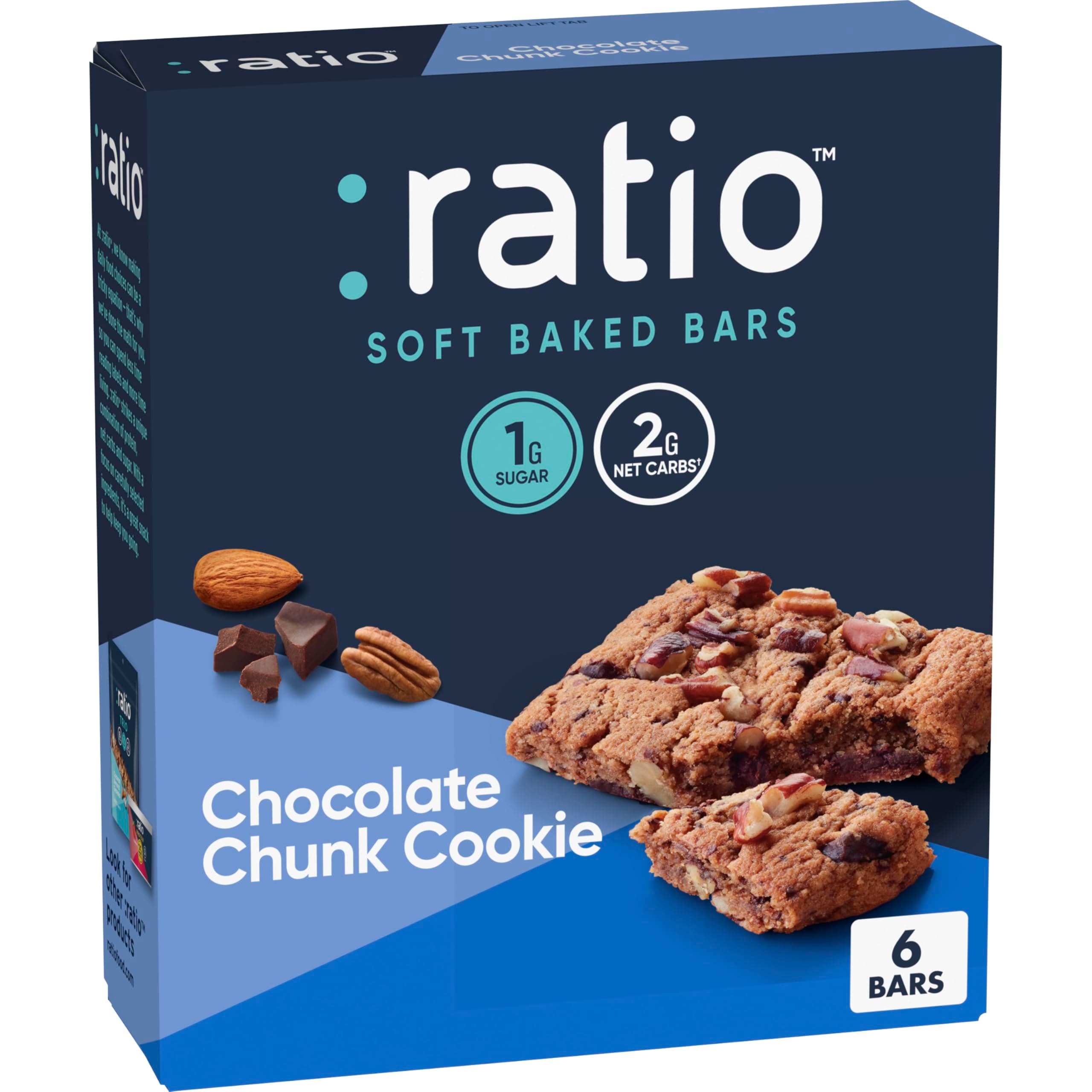 :ratio Ratio Soft Baked Bars, Chocolate Chip Cookie, 1G Sugar, Keto Compatible, 5.34 Ounces (6 Bars)