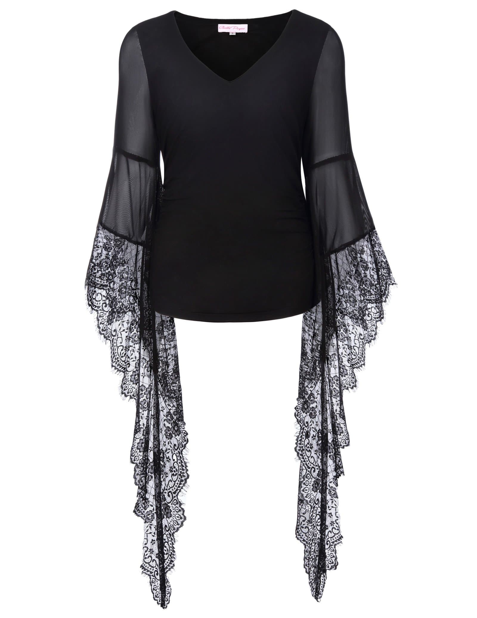 Belle PoqueWomens Vintage Gothic Shirt Splice Sheer Sleeve Irregular Top Blouse
