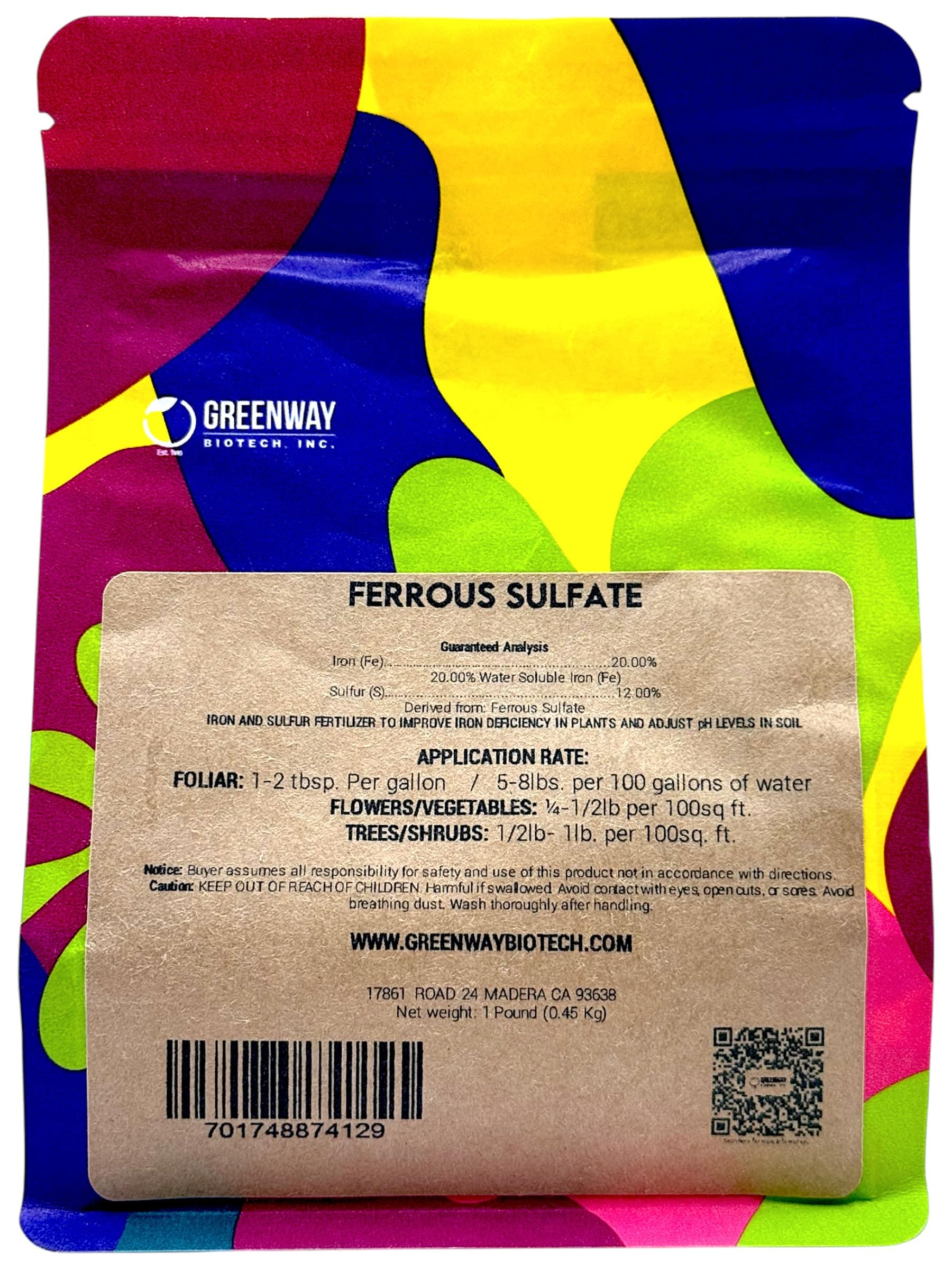 Greenway Biotech, Inc. Ferrous Sulfate Heptahydrate Fertilizer Includes 20% Iron (Fe) 12% Sulfur & 100% Water Soluble Powder- Organic Lawn Fertilizer for Vegetables and Plant Growth - 1 Pound
