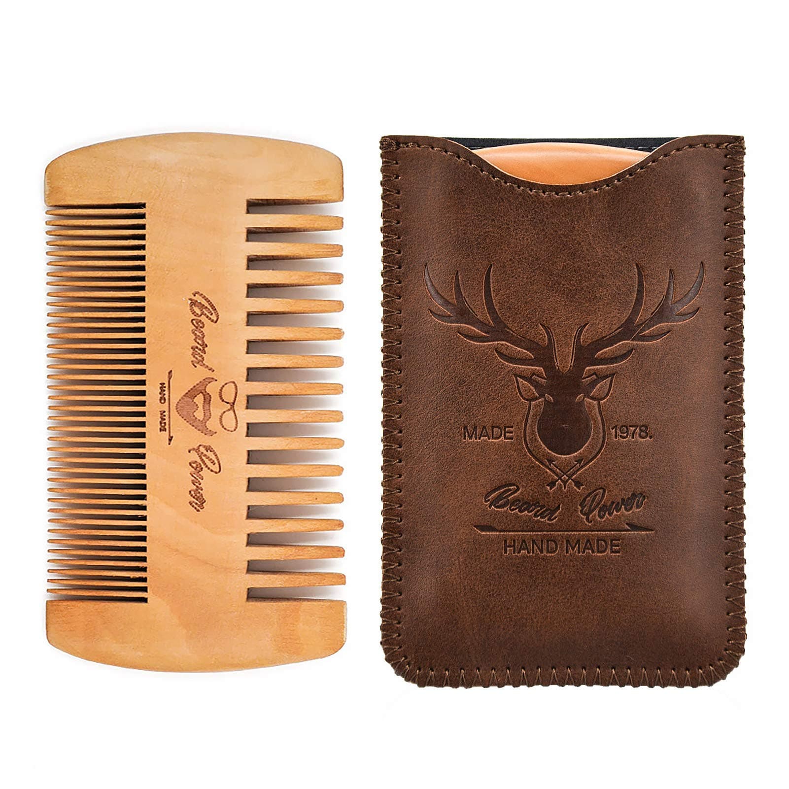 Wooden Beard Comb Durable Case for Men Beard Thin Coarse Teeth Mens Wooden Pocket Comb for Beard Mustache Hair Brown Deer Design