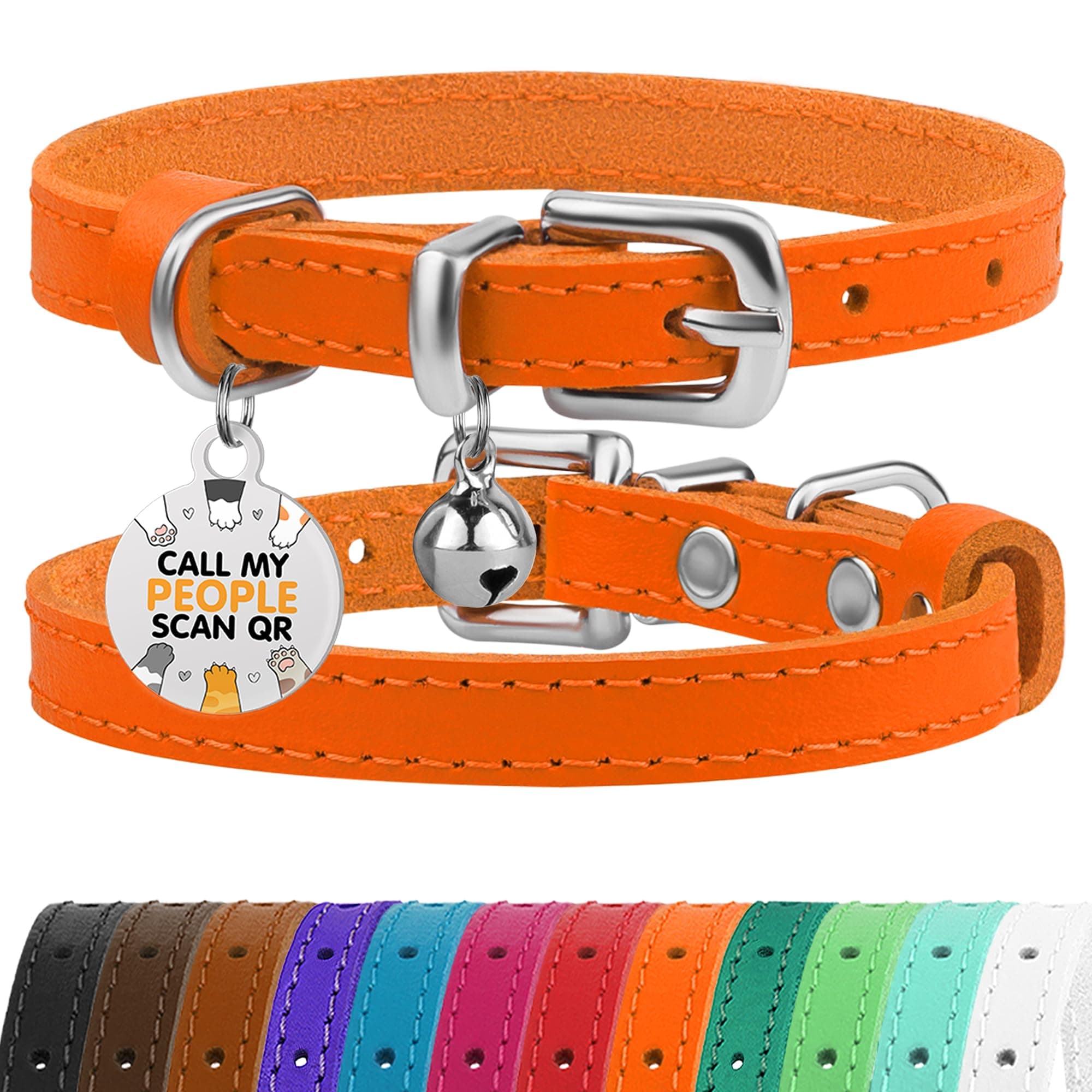 BRONZEDOG Leather Cat Collar with Bell Non Breakaway Kitten QR Tag for Girl Boy (9" - 11" Cats/Mini Dogs, Orange & Silver)
