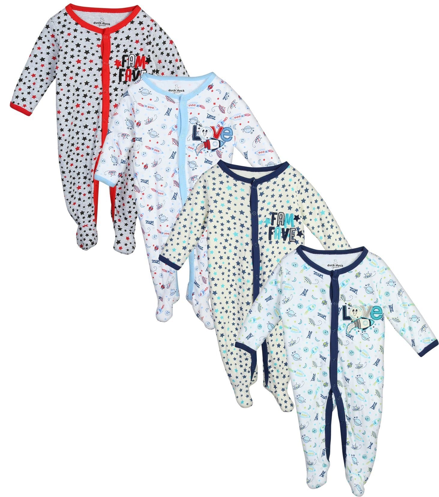 Duck Duck Goose Baby Boys & Girls 4 Pack Cotton Footed Sleep and Play, Space/Stars, 6/9 Months