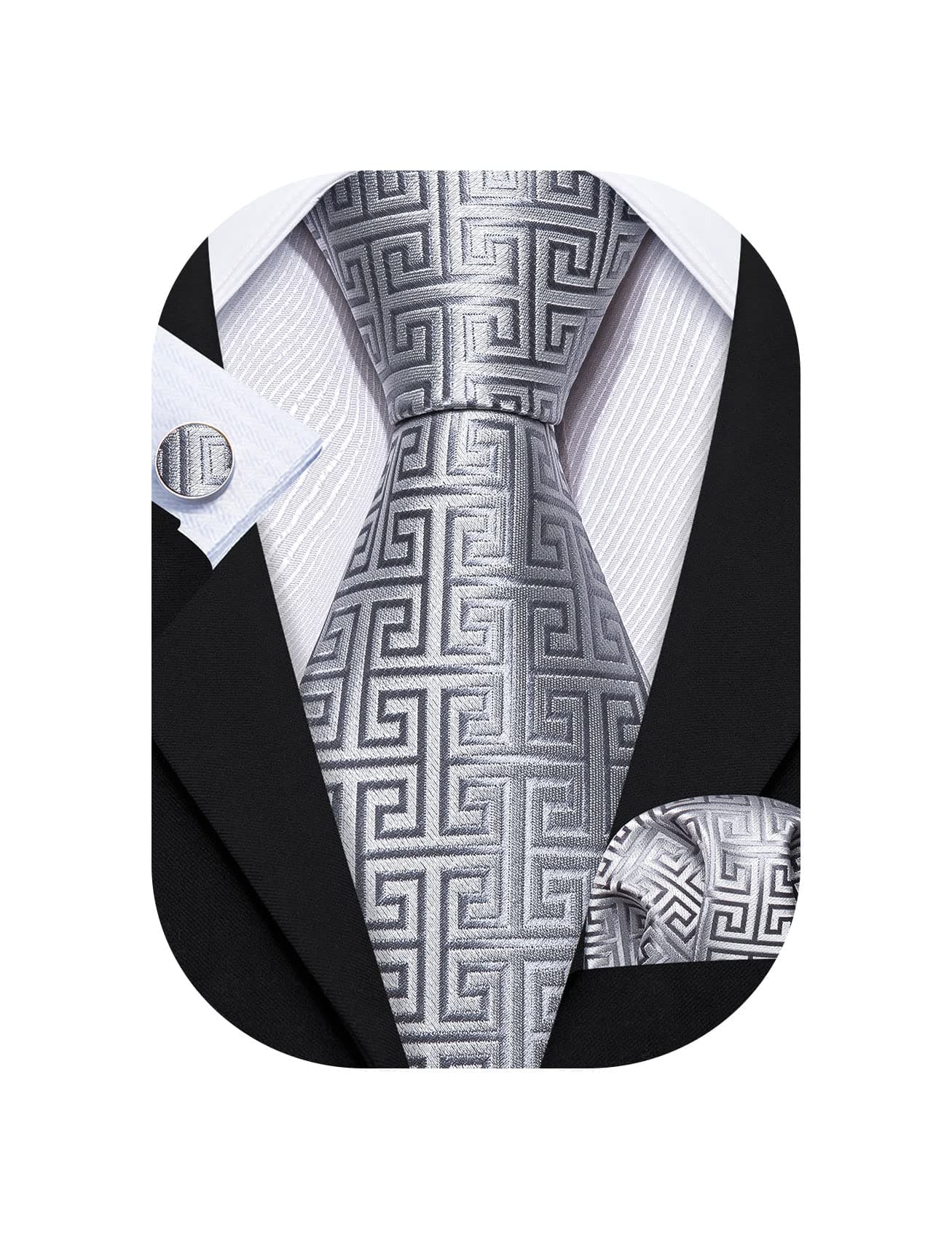Retro Silver Geometric Pattern Tie Set