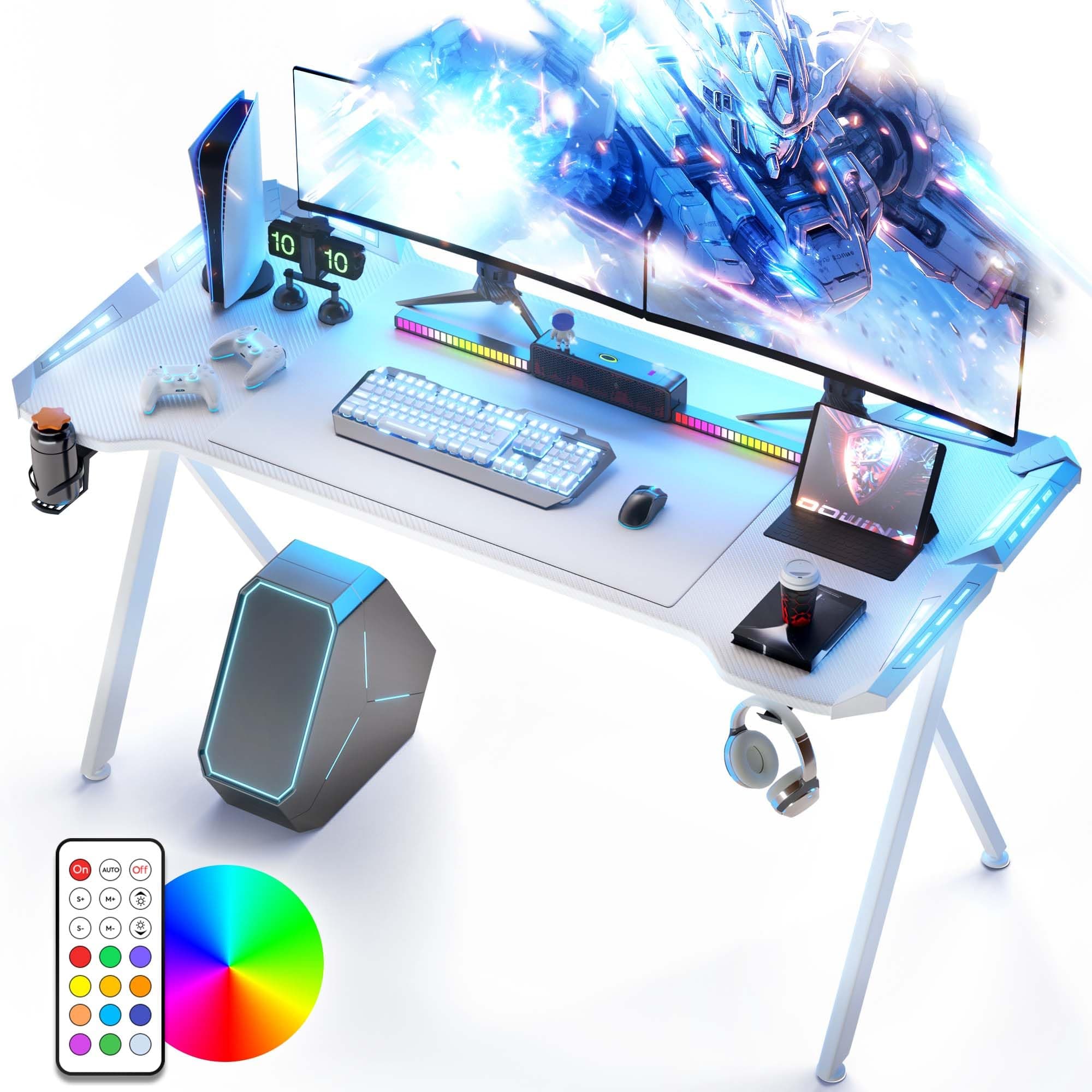 Sponsored Ad - Dowinx Gaming Desk with LED Lights, RGB Gaming Computer Table with Carbon Fibre Surface, LED Home Office Desk with Remote Control, Pc Workstation with Cup Holder and Headphone Hook, 63 Inch, White