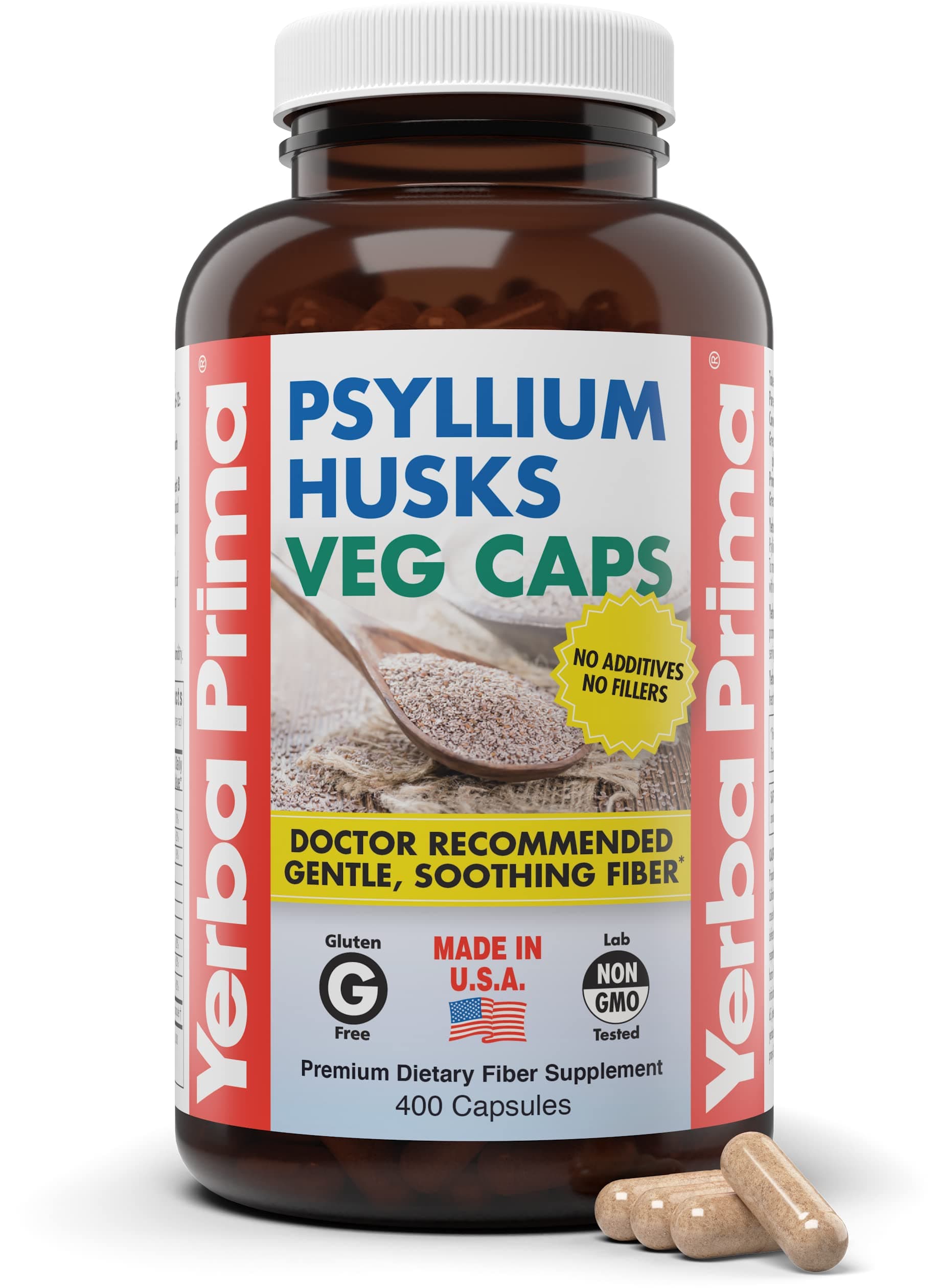 Yerba Prima Psyllium Husks Veg Caps, 400 Capsules (625mg) - Vegan, Non-GMO, Gluten Free, Colon Cleanser, Daily Fiber Supplement