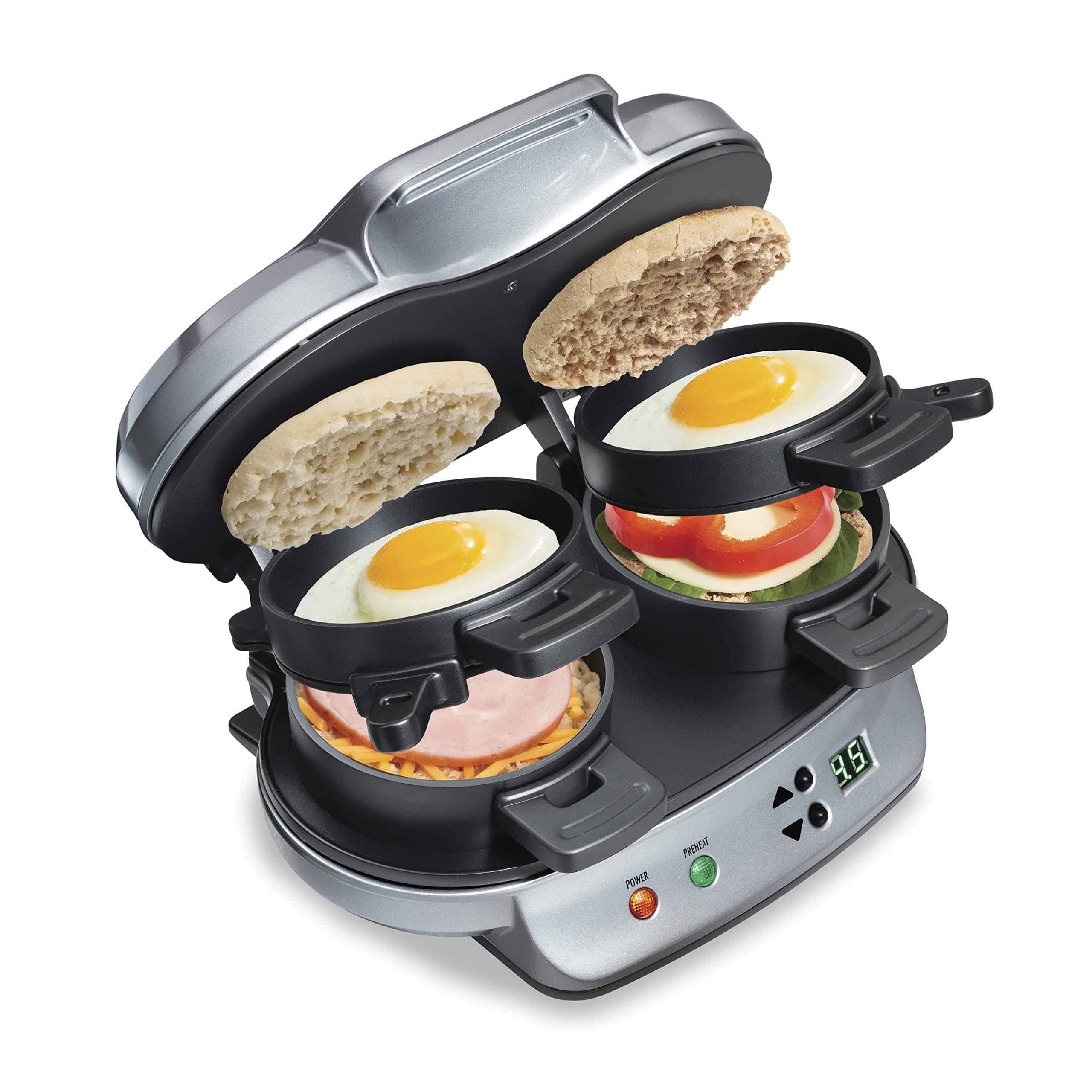 Dual Breakfast Sandwich Maker with Timer, Ready in 5 Minutes, Removable Dishwasher Safe PFAS-Free Non-Stick Egg Cooker Ring, Silver (25490MNA)