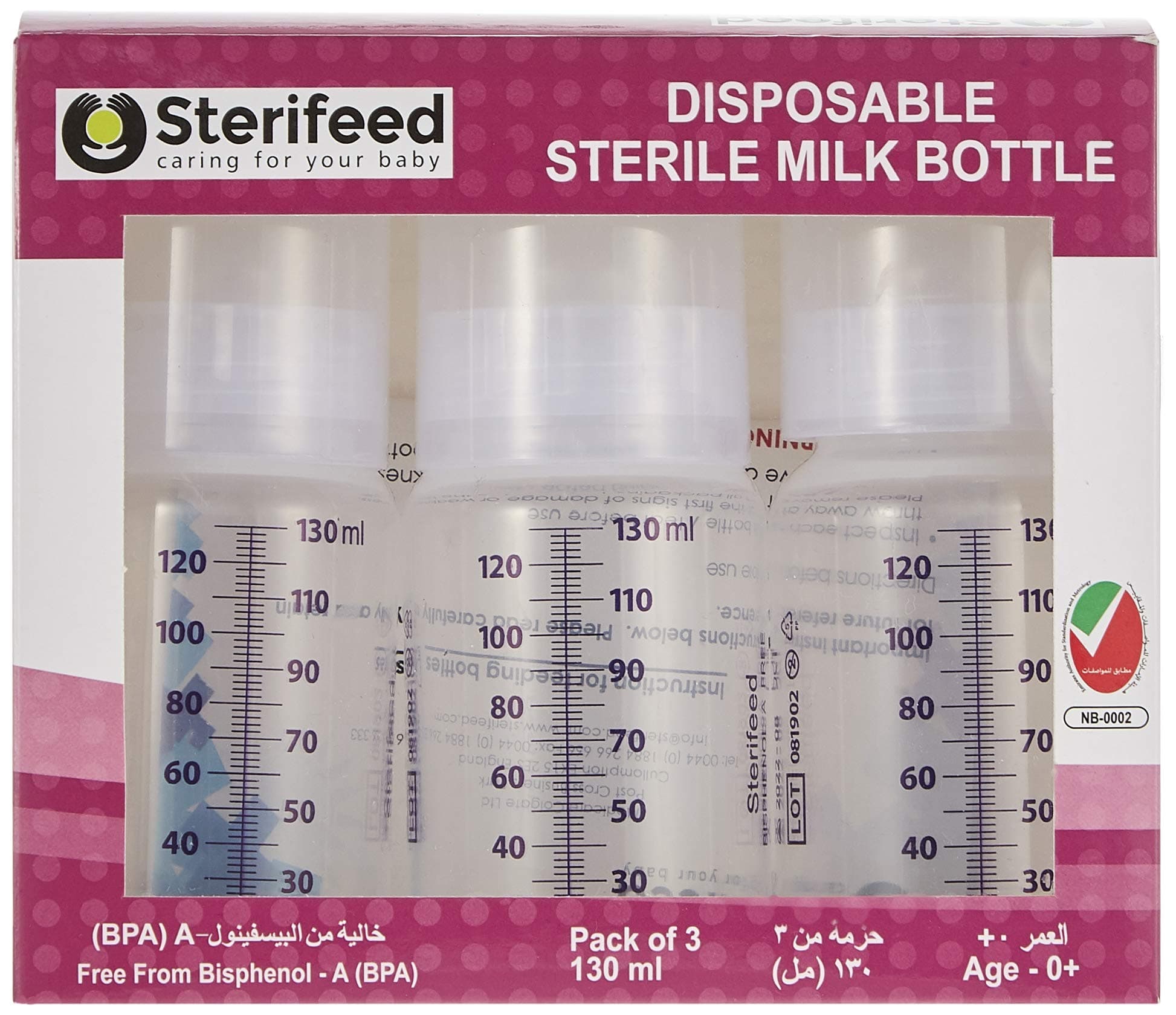 Sterifeed - Sterile Disposable Bottles With Standard Teats, Made From Fda Food Grade Standard, 100% Bpa Free- 130 Ml (Pack Of 3), White