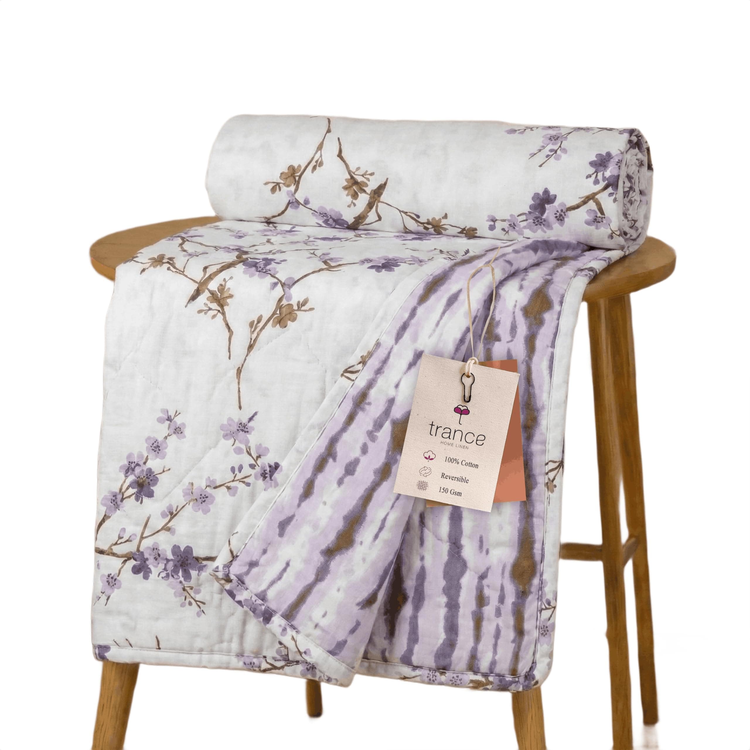 Trance Home Linen Pure Cotton Reversible Dohar Double Bed Size | AC Blanket | Soft Light-Weight Bed Blanket (84 x 88 inch - Akira Lavender, Pack of 1)