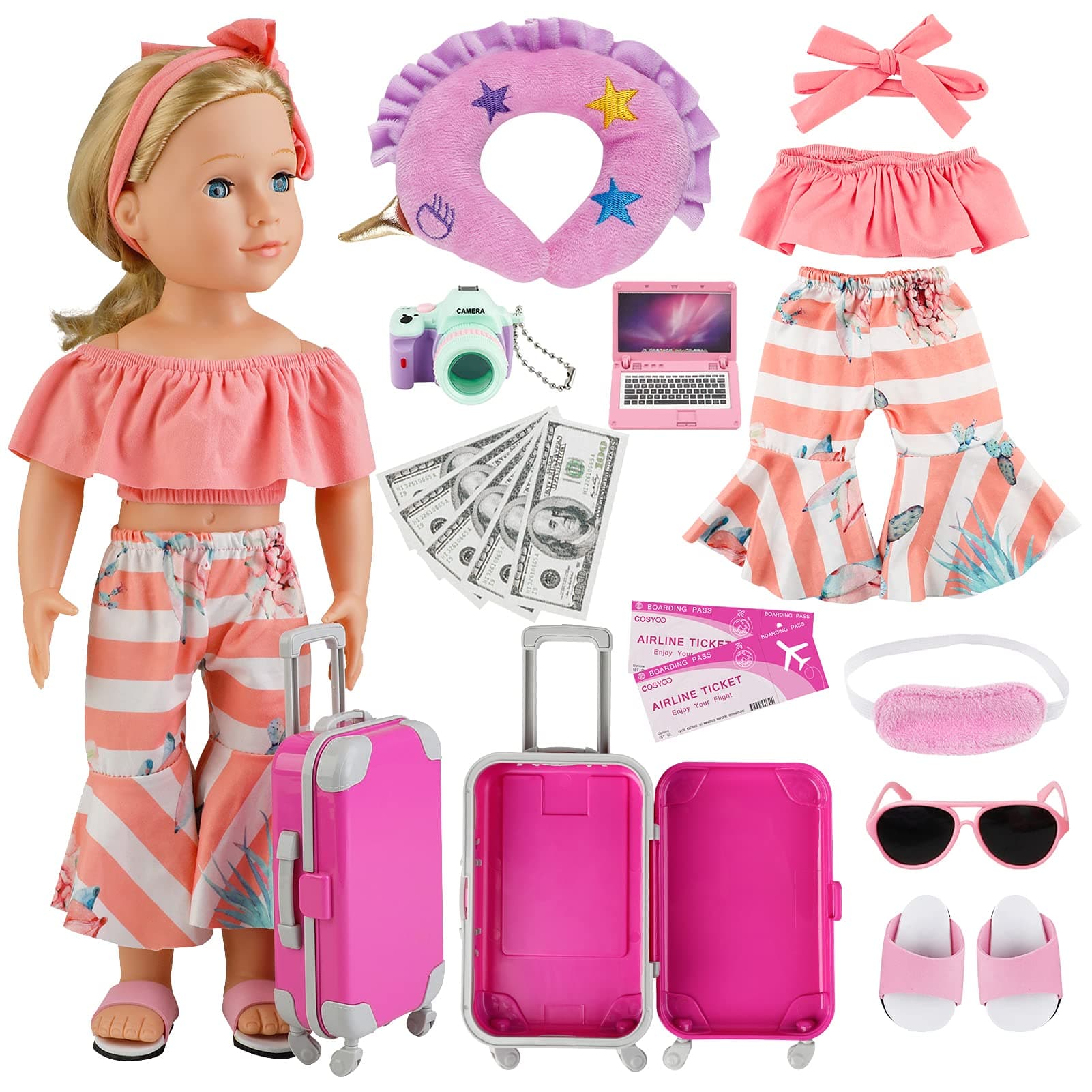17 PCS Doll Travel Set Suitcase American Doll Accessories for Girl 18 Inch Including Suitcase Luggage A Set of Clothes Slippers Sunglasses Camera Laptop Unicorn Pillow Blindfold