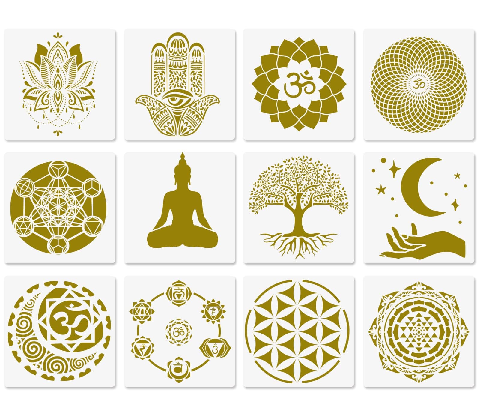 Sacred Geometry Stencils - 12 Pcs Yoga Stencils with Om, Lotus, Chakra, Mandala, Hamsa, Sun, Moon Symbols for Painting on Wood, Fabric, Walls - 10"x10"