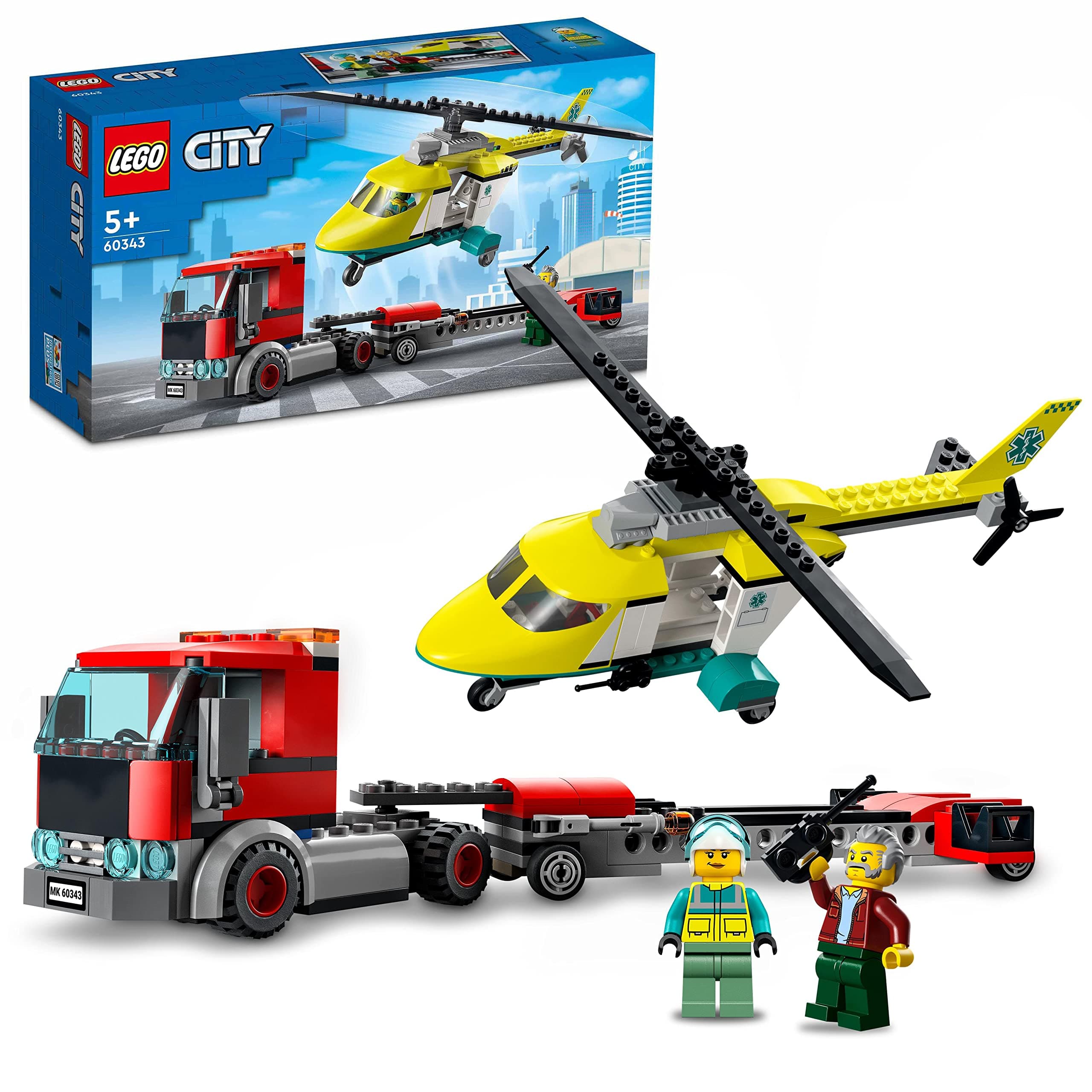 City Rescue Helicopter Transport 60343 Building Kit for Children Aged 5 and Up, Featuring a Toy Lorry with a Helicopter Trailer, Plus Driver and Pilot Minifigures (215 Pieces)