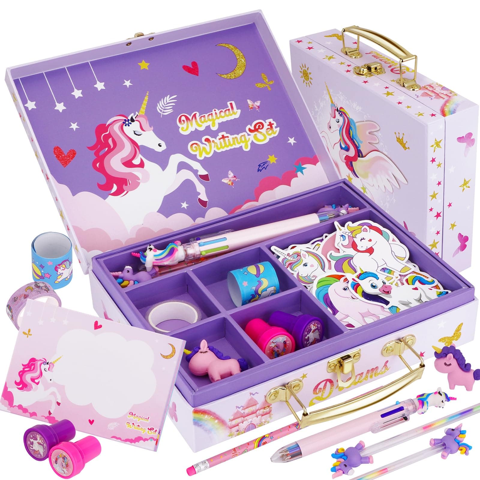 homicozy Unicorn Kids Stationary Set for Girls, Unicorns Gifts For Girls Ages 5 6 7 8 9 10 11 Year Old, Letter Writing Crafting Kit with Storage Box, Best Girls Birthday Christmas Gifts, Purple