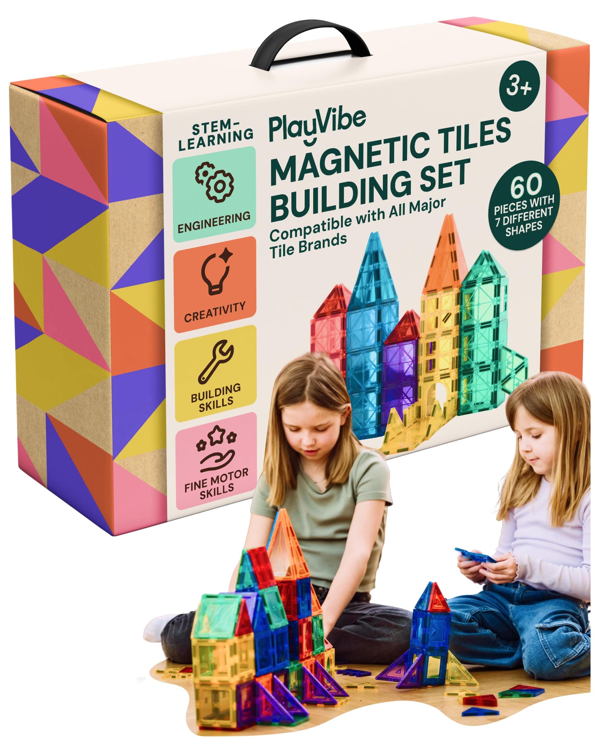 PLAYVIBE Magnetic Tiles - 60 Piece Set, Multicolor - STEM Play & Stem Toys - Strong Magnets, Magnetic Shapes, Tile Building Blocks - Educational Sensory Toys Gift for Kids Birthday Present Indoor Fun