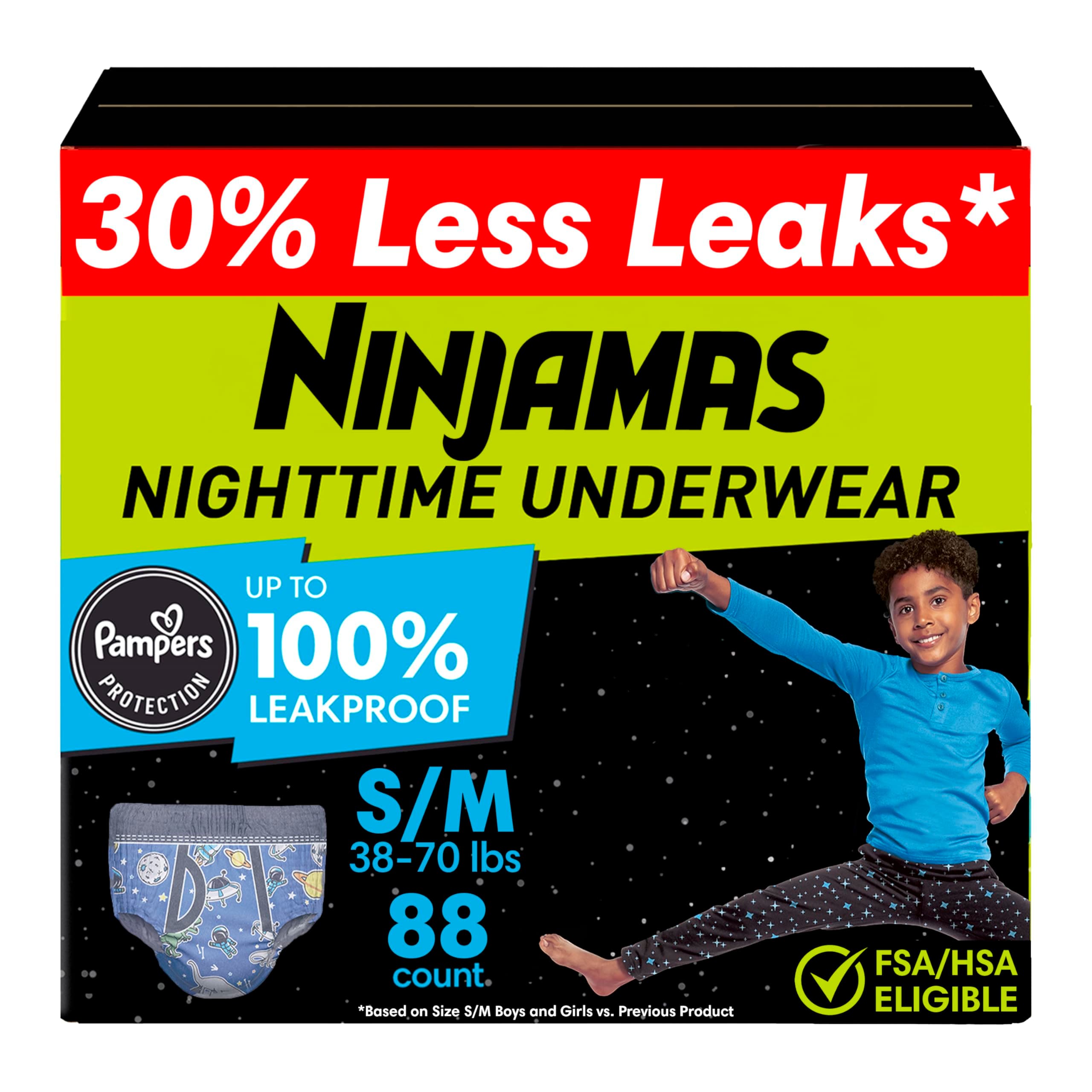 Boys Bedwetting Nighttime Underwear, Size S/M (38-70 lbs), 88 Count, Overnight Protection, Ultra Absorbent, Hypoallergenic