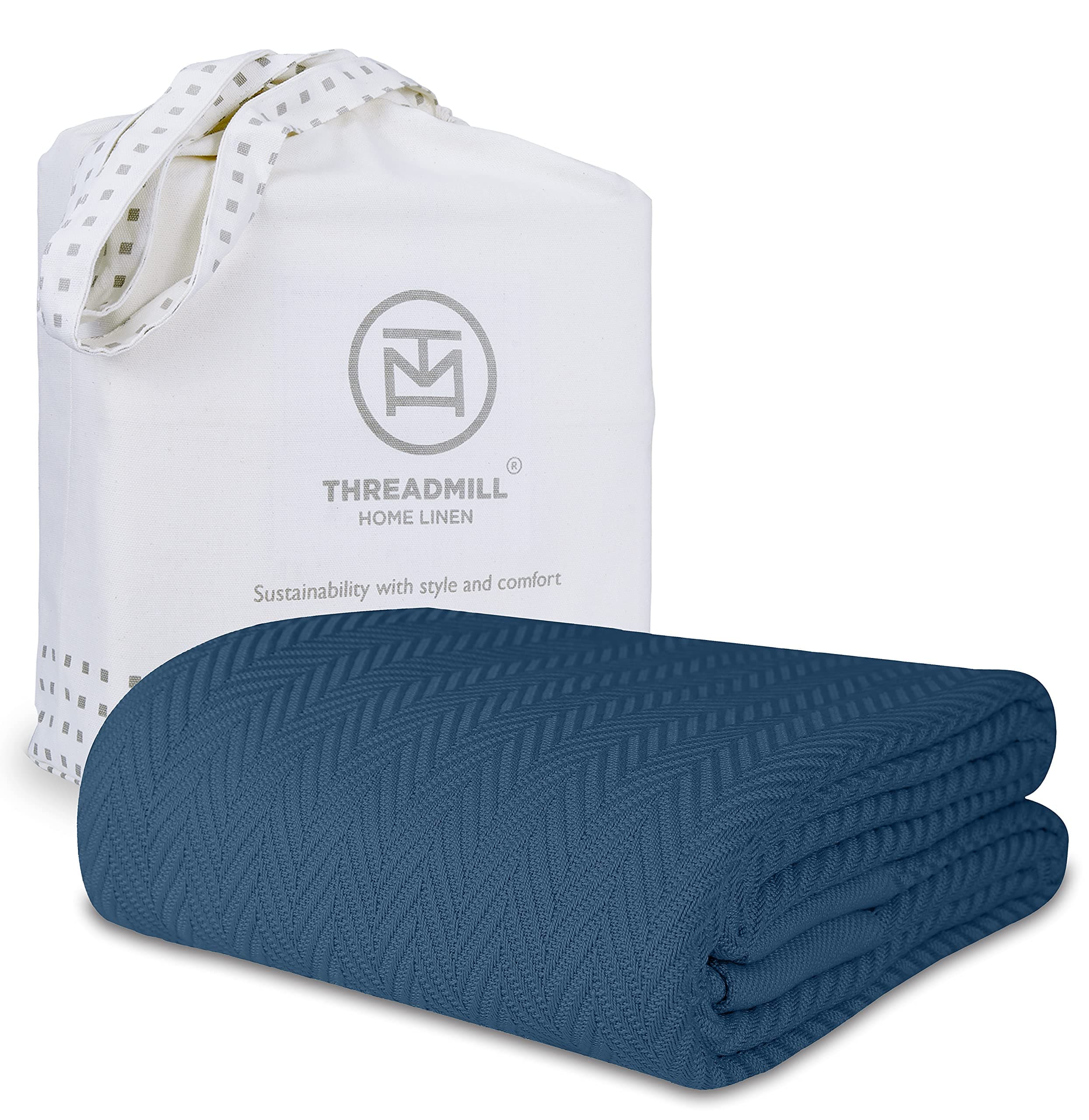 Threadmill Luxury Cotton Blankets for Twin Size Bed | All-Season 100% Cotton Twin Blanket for Bed | Herringbone Soft & Cozy Fall Thermal Blanket, 350GSM, 68x92 inches | Folkstone Blue