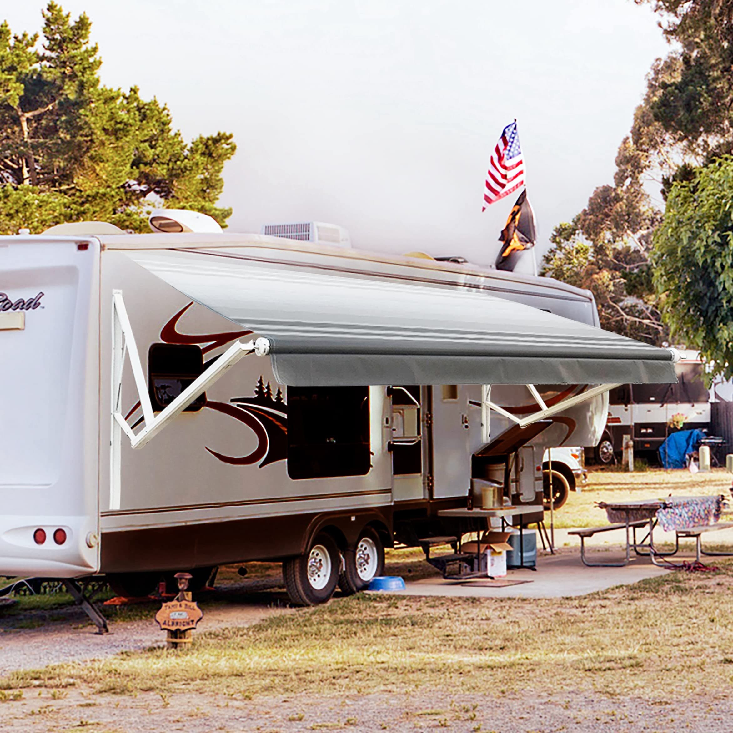 Awnlux White Motorized Modular Retractable RV Awning Full Set Assemblies for RV, 5th Wheel, Travel Trailers, Toy Haulers, and Motorhome - RV Trailer Awning for Home or Camper - 16x8 Ft - Black Strip