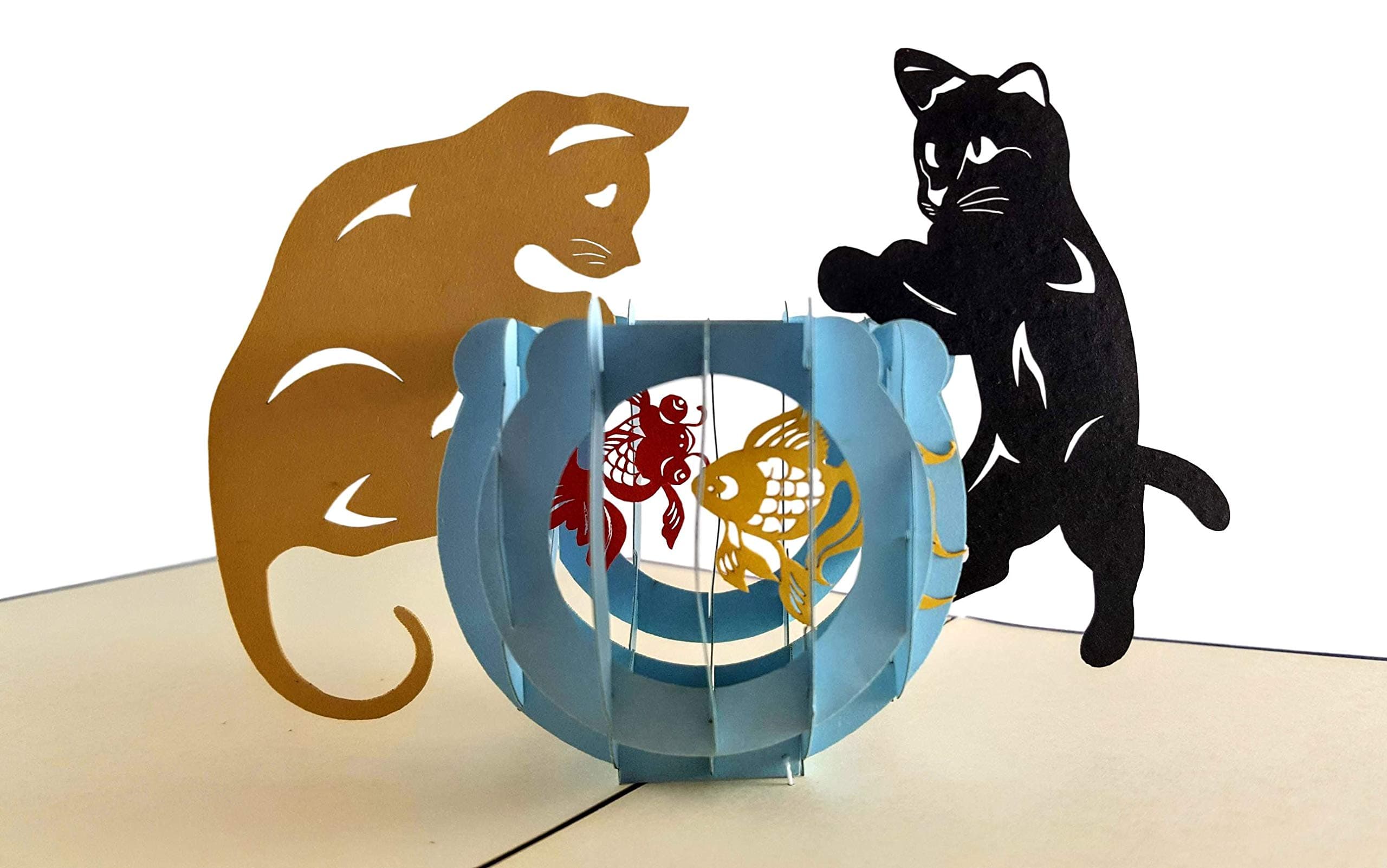 iGifts And Cards Furry Observers: Twin Cats 3D Pop-Up Card - 6"x6" - Fishbowl Fascination, Feline Lover’s Delight, Whisker Wonders, Unique Pet Affection, Thoughtful Gift With Envelope