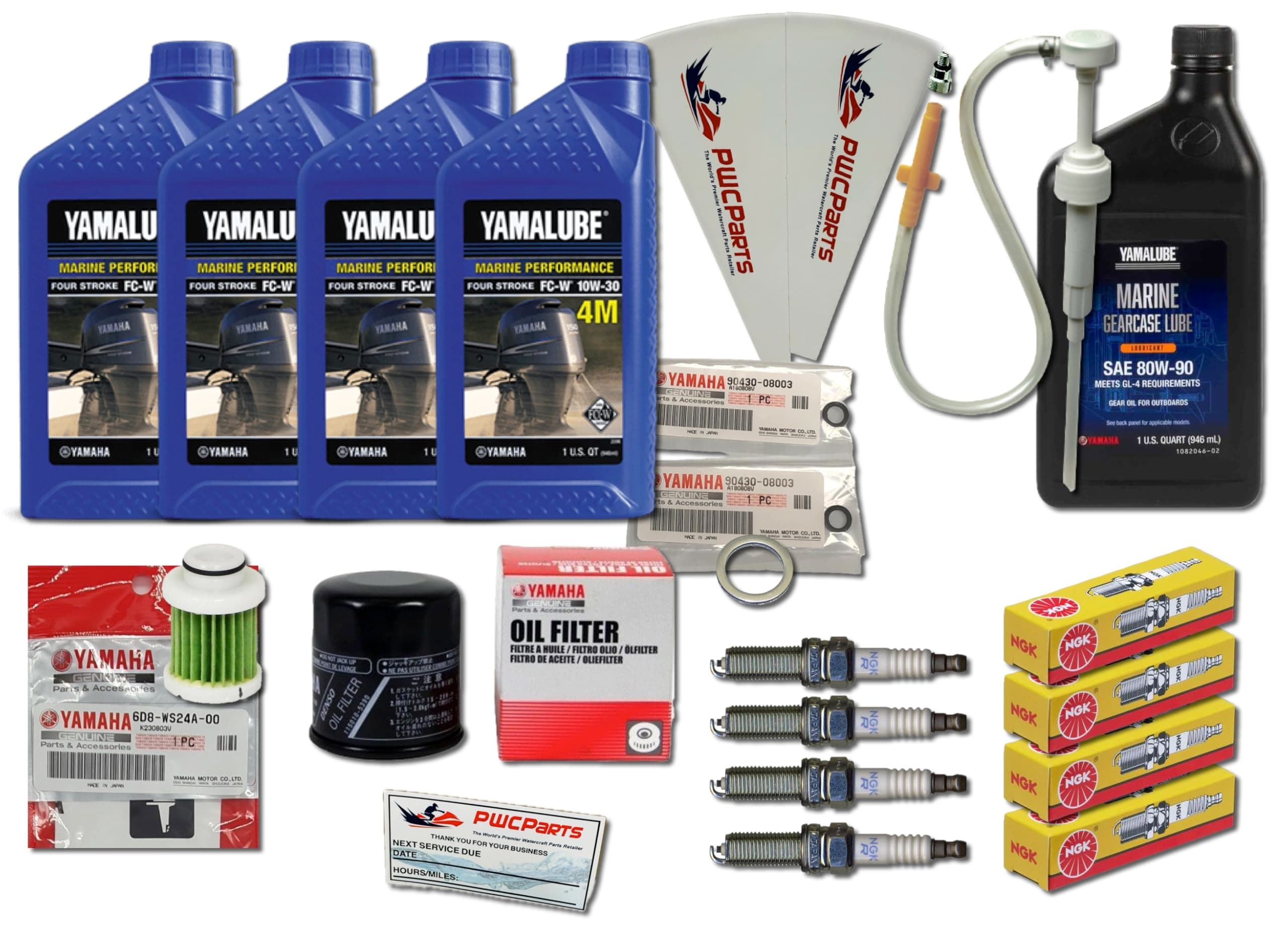 Yamaha F75 F90 2006+ Outboard Oil Change Maintenance Kit – 10W-30 Yamalube 4M FC-W Oil, OEM Oil Filter, Primary Fuel Filter, Gear Lube, Drain Gaskets, NGK LFR5A-11 Spark Plugs