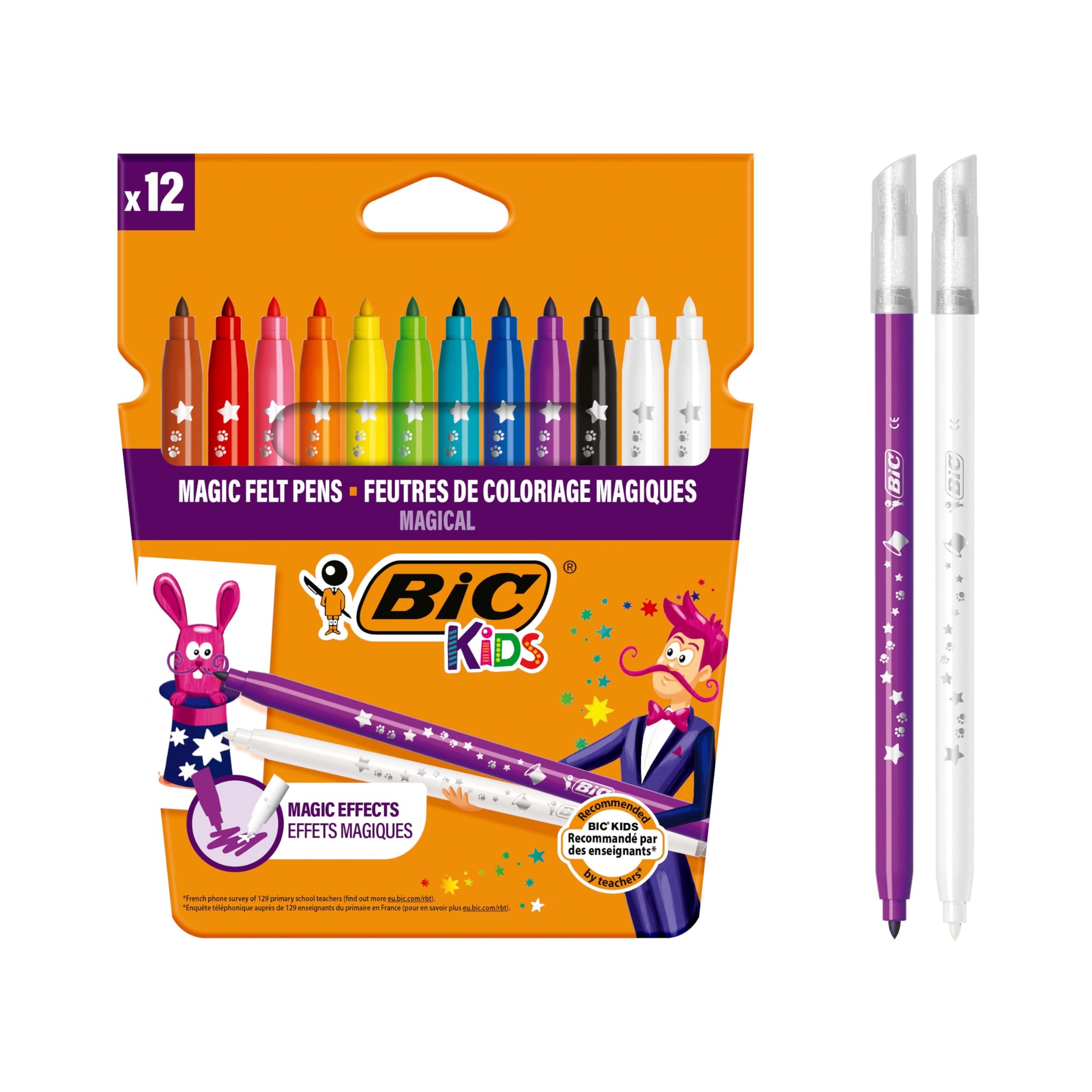 BIC Kids Magic Felt Pens - Washable Kids Colouring Pens - Erasable Ink with Two Erasers Included - 12 Pack