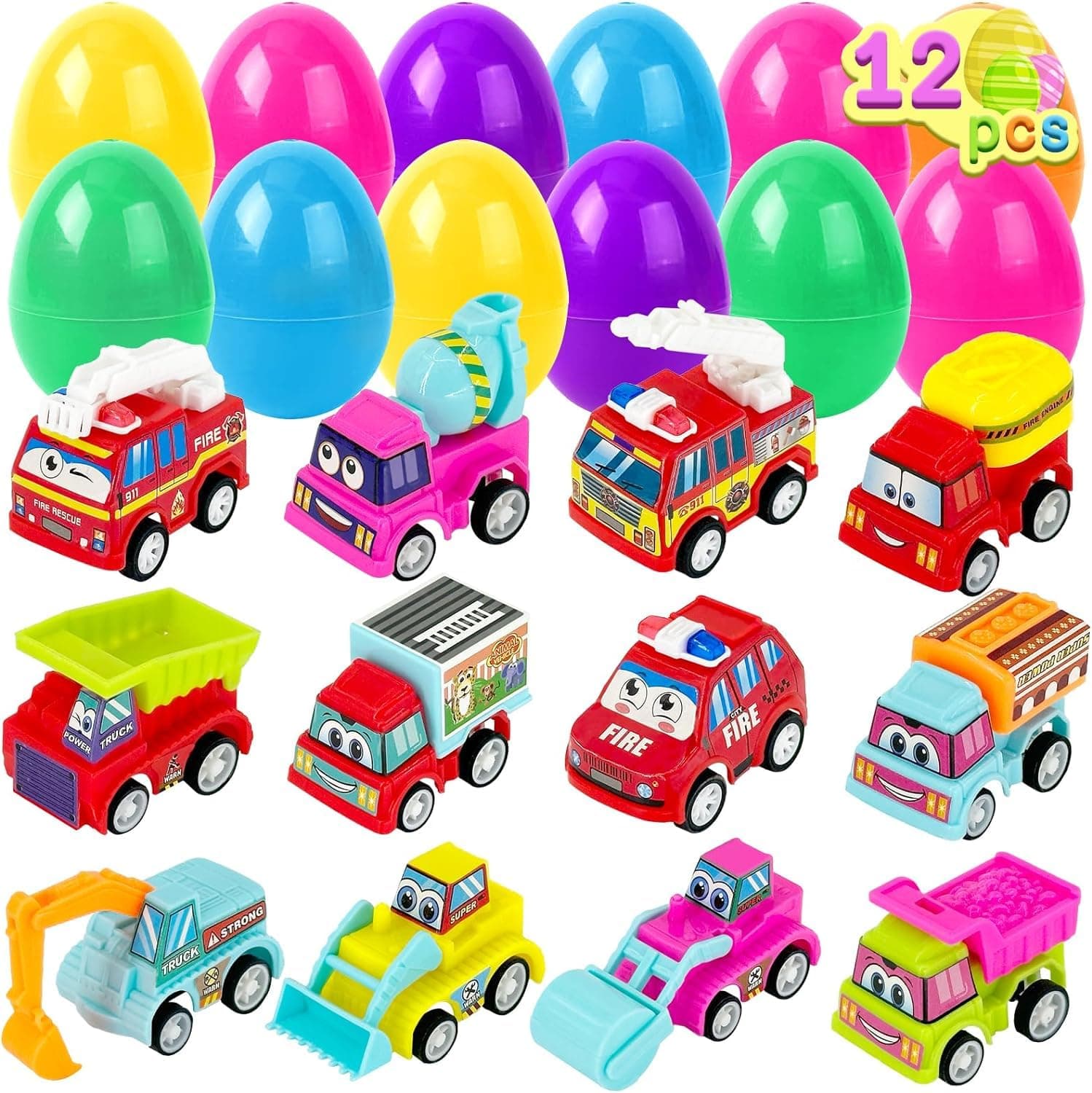 Easter Eggs Filled with Engineering Vehicle Toys: 12Pcs Plastic Stuffed Easter Eggs with Mini Pull-Back Construction Engineering Fire Truck, Easter Gift for Girl Boy Kid Toddler,Easter Basket Stuffer