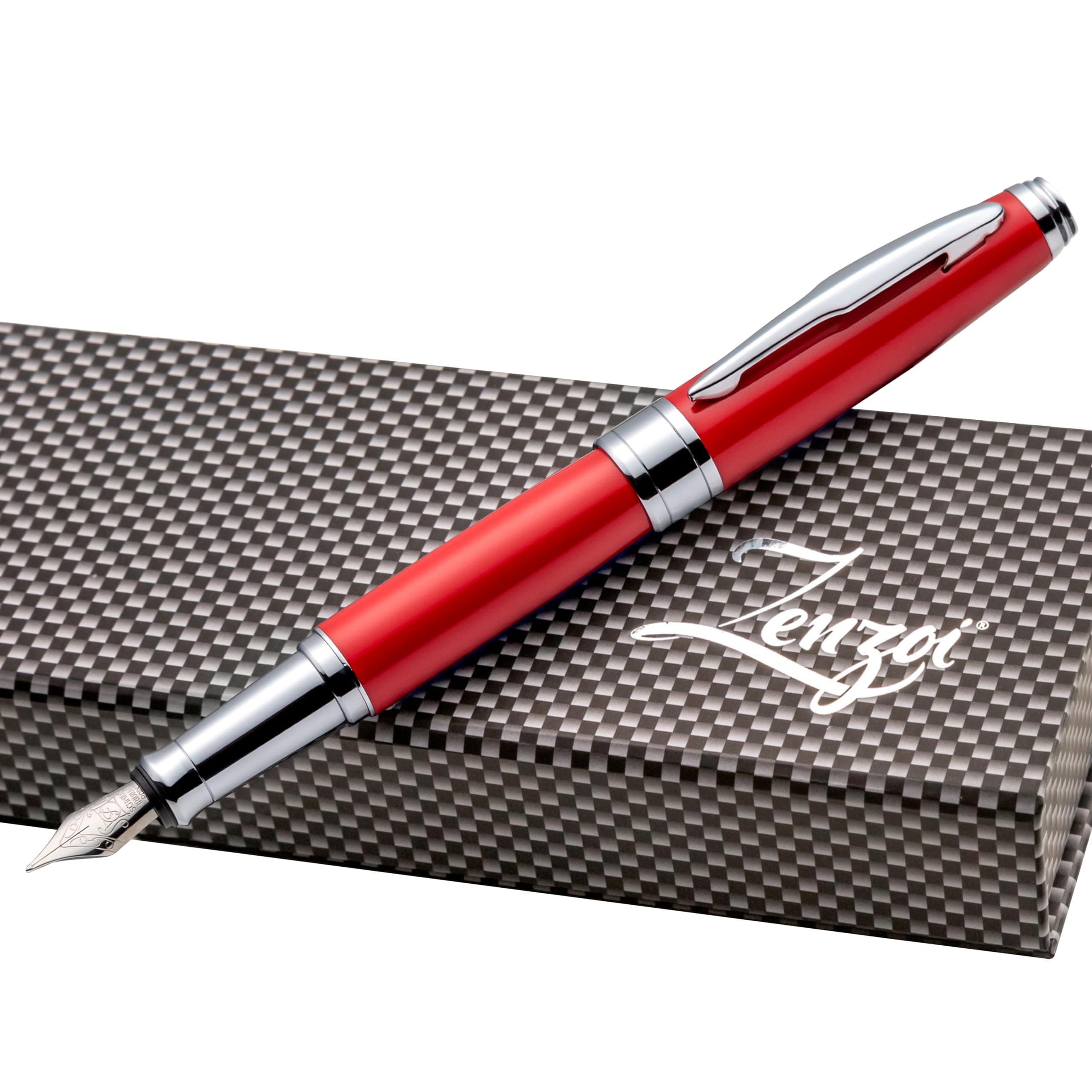 Zenzoi Red on Silver Metal Fountain Pen Set-Exquisite Fine Nib Jet Pen- High-End German Schmidt Nib-Ink Converter + 2x Refills (Blue+Black) Included-Ideal Birthday-Promotion-Anniversary Gift