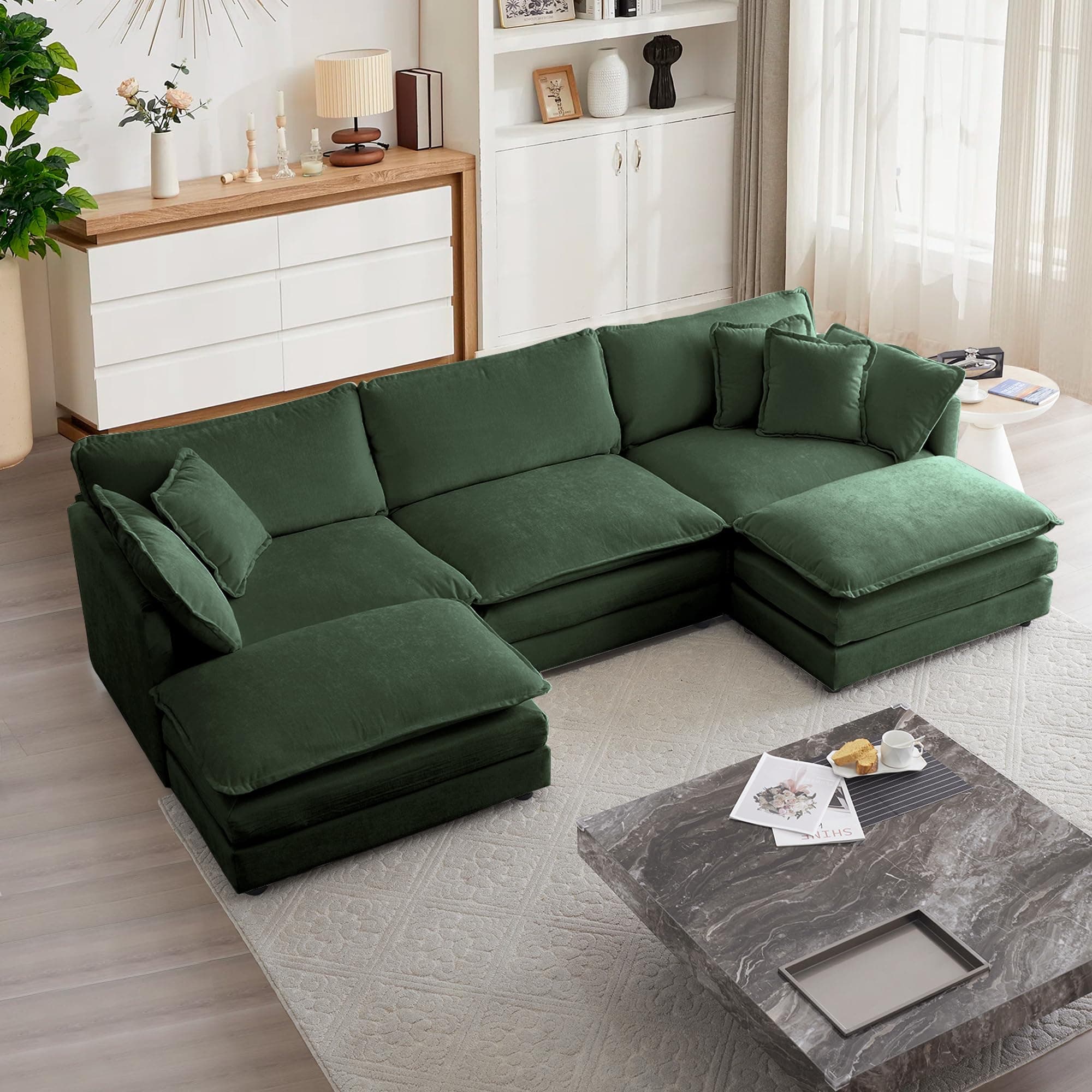 Modular Sectional Sofa, 111.5 Inch U Shaped Couch Set for Living Room, 3-Seater Comfy Cloud Couches with Movable Ottoman, DIY Combination, Chenille, Evergreen