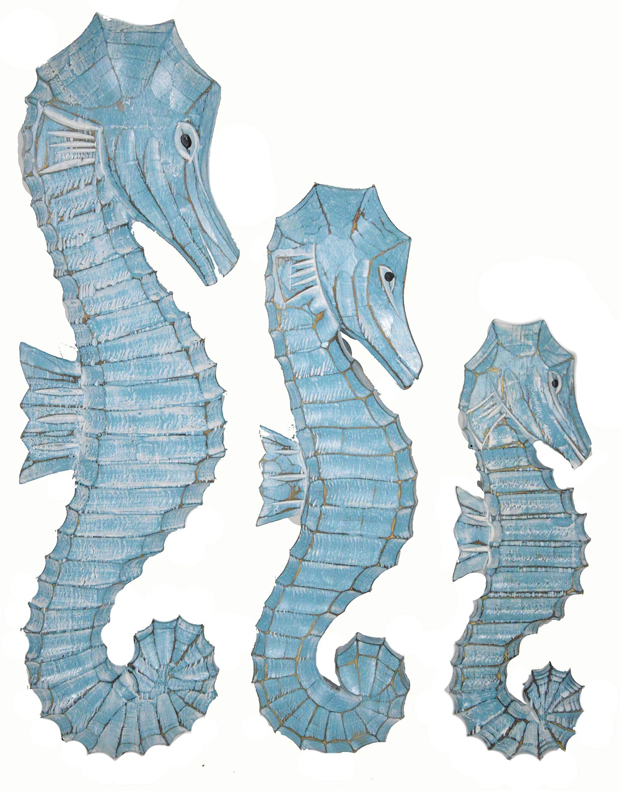 Nautical Set of 3 Wood Teal Blue Aqua Seahorses Wall Art Decor 20" 16" 12"