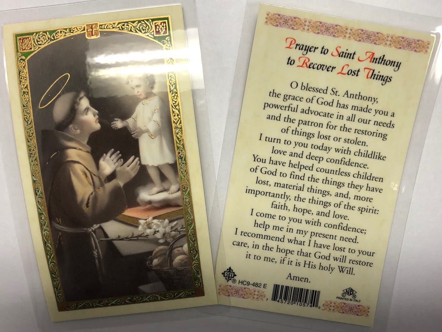 Holy Prayer Cards for The Prayer to Saint Anthony to Recover Lost Things in English