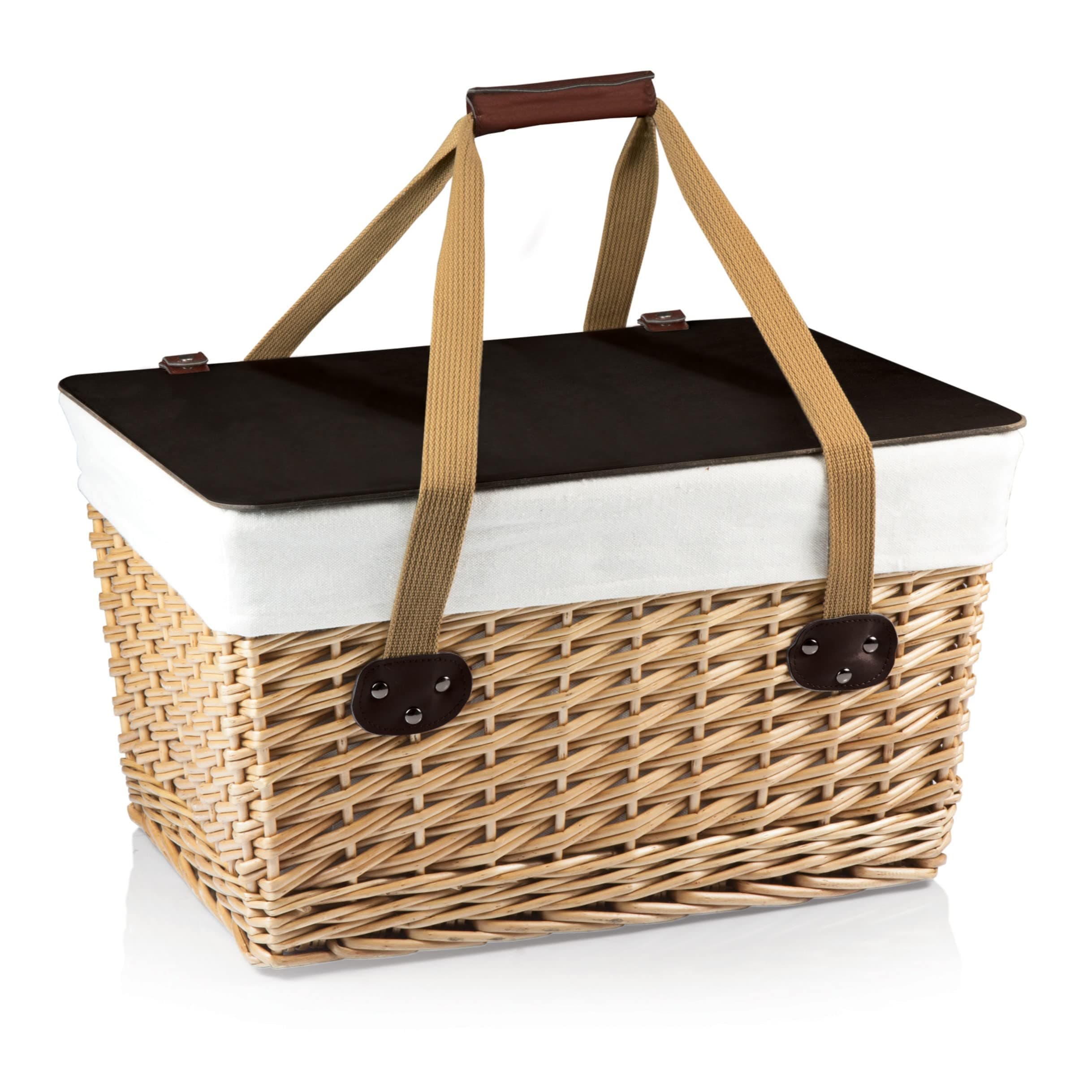 PICNIC TIME Canasta Grande Wicker Picnic Basket, Classic Large Wicker Basket for 2 with Handwoven Willow Design, Removable and Customizable Lid Table, (Beige Canvas with Brown Lid)